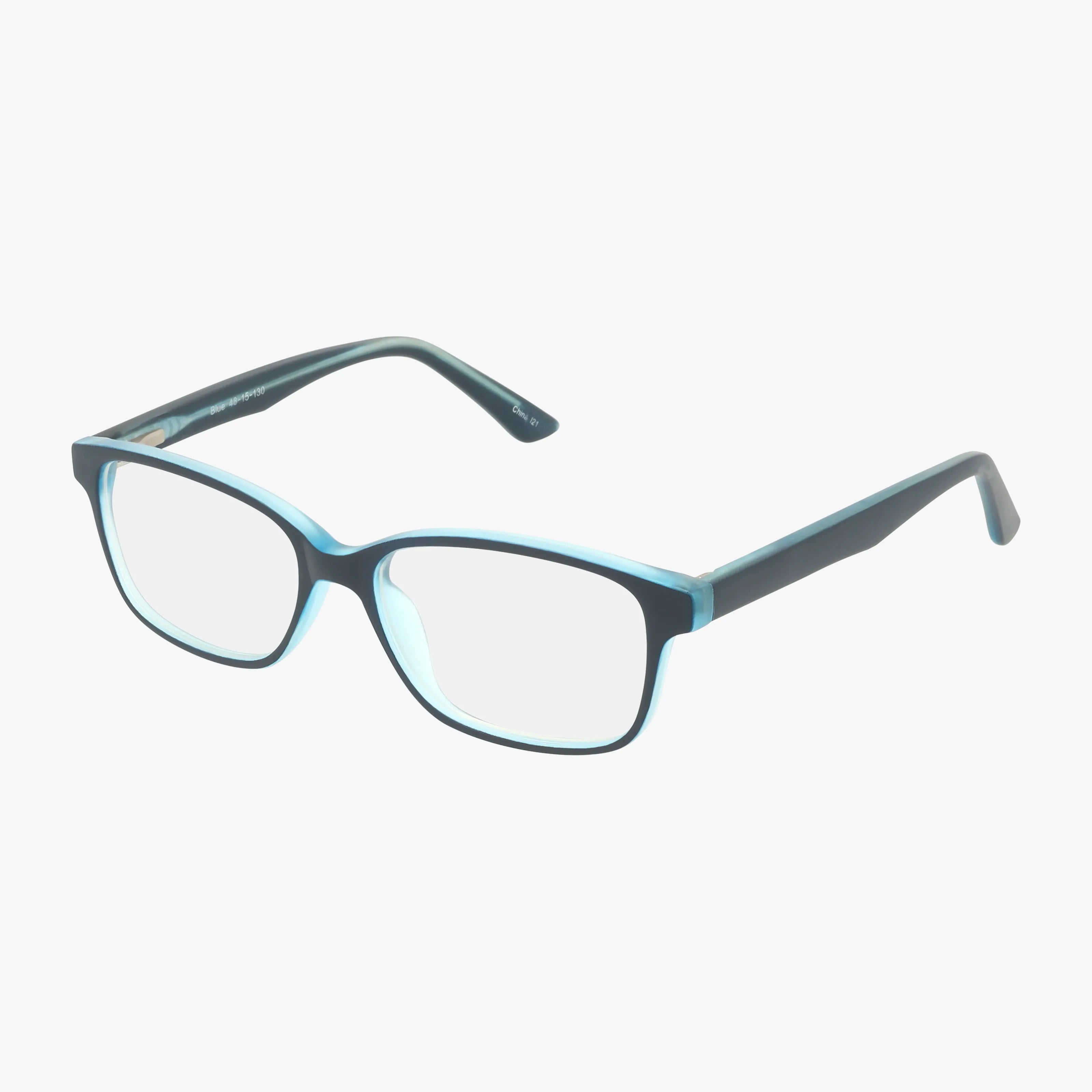 The 79 eyeglasses feature rectangular frames with a black exterior and light blue interior, ideal for a sharp, smart look at school—shown on a white background.