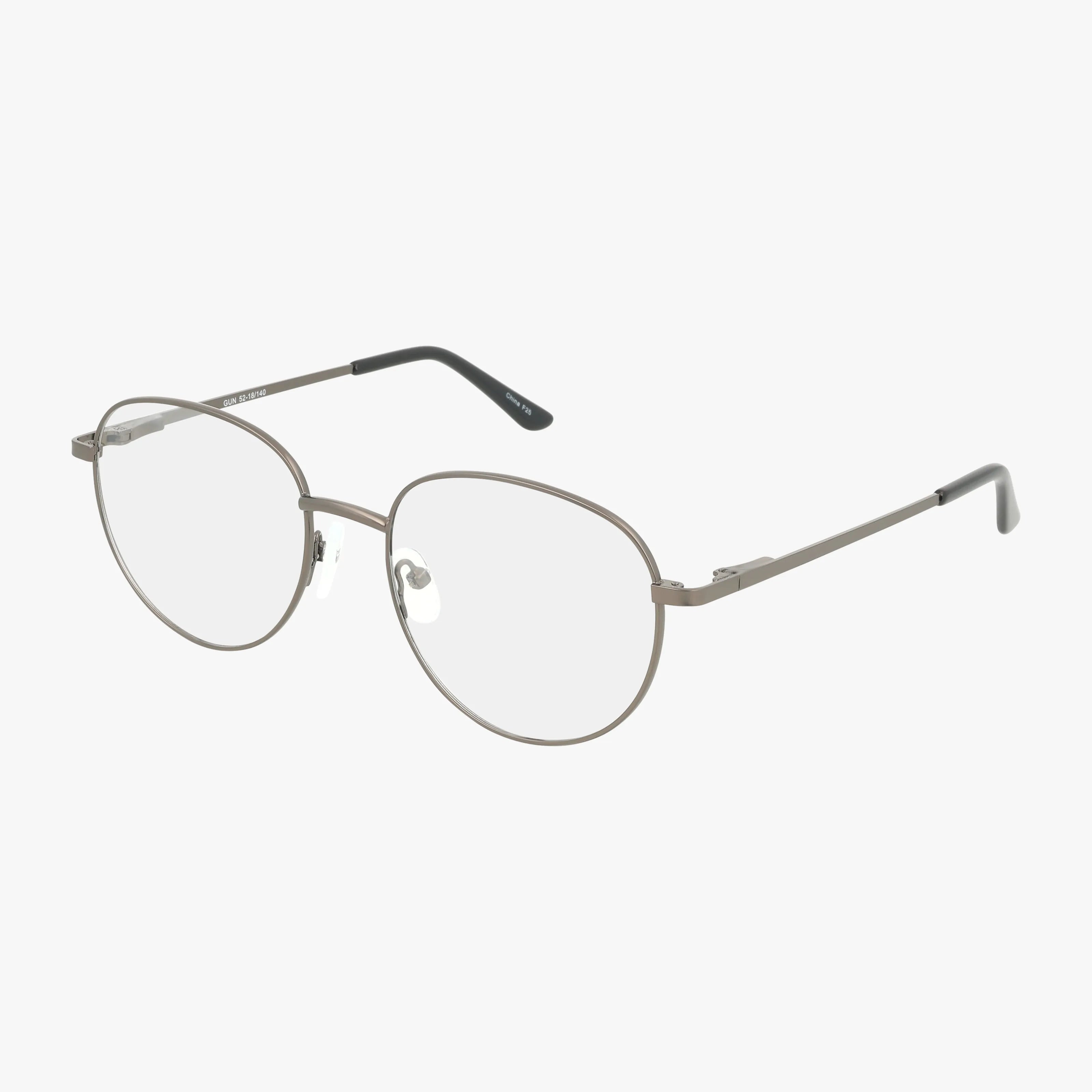 The 230 is a pair of round, thin metal eyeglasses with clear prescription lenses, adjustable nose pads, and black temple tips, shown on a plain white background.