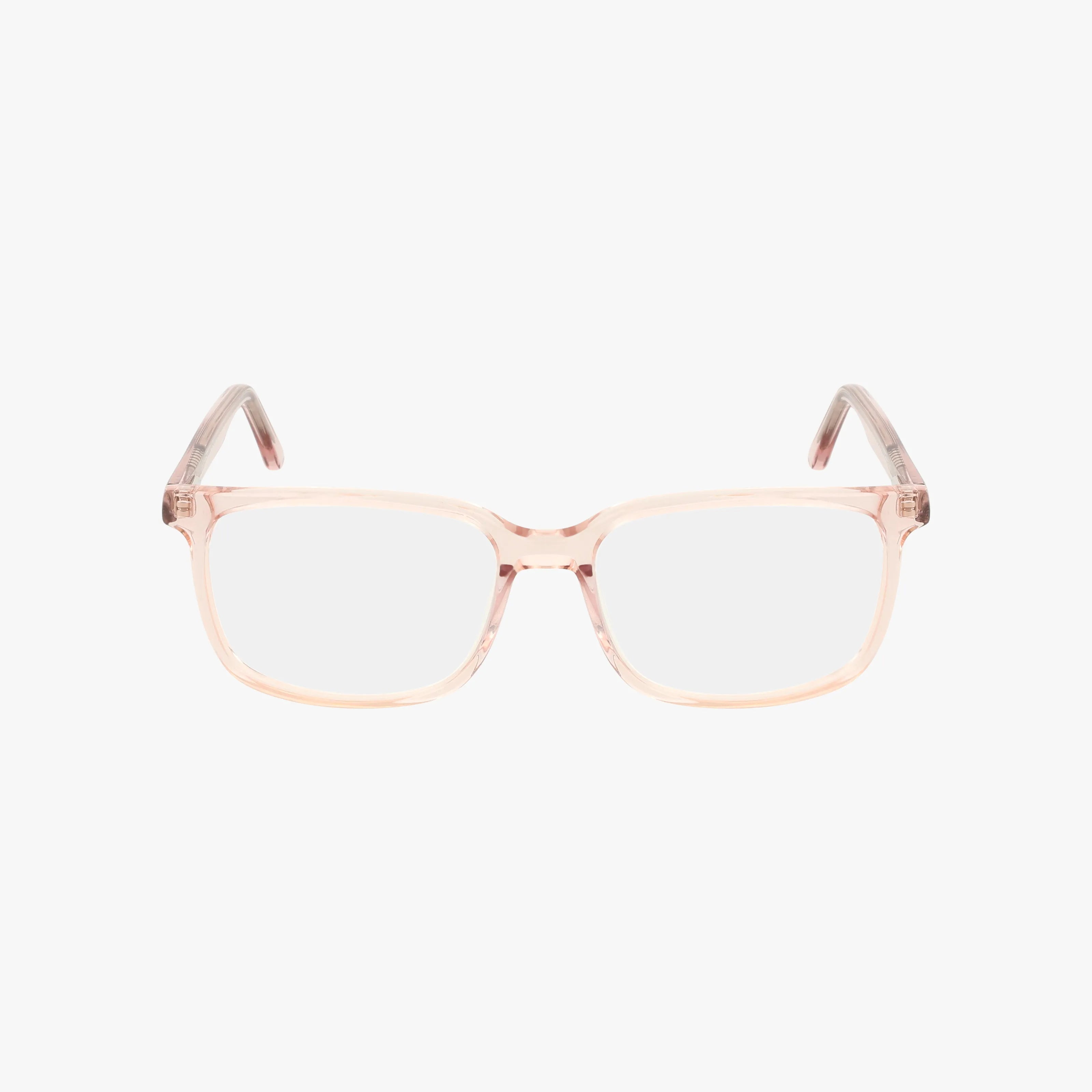 490: Transparent light pink rectangular eyeglasses with clear lenses and a durable frame, displayed front-facing on a plain white background.