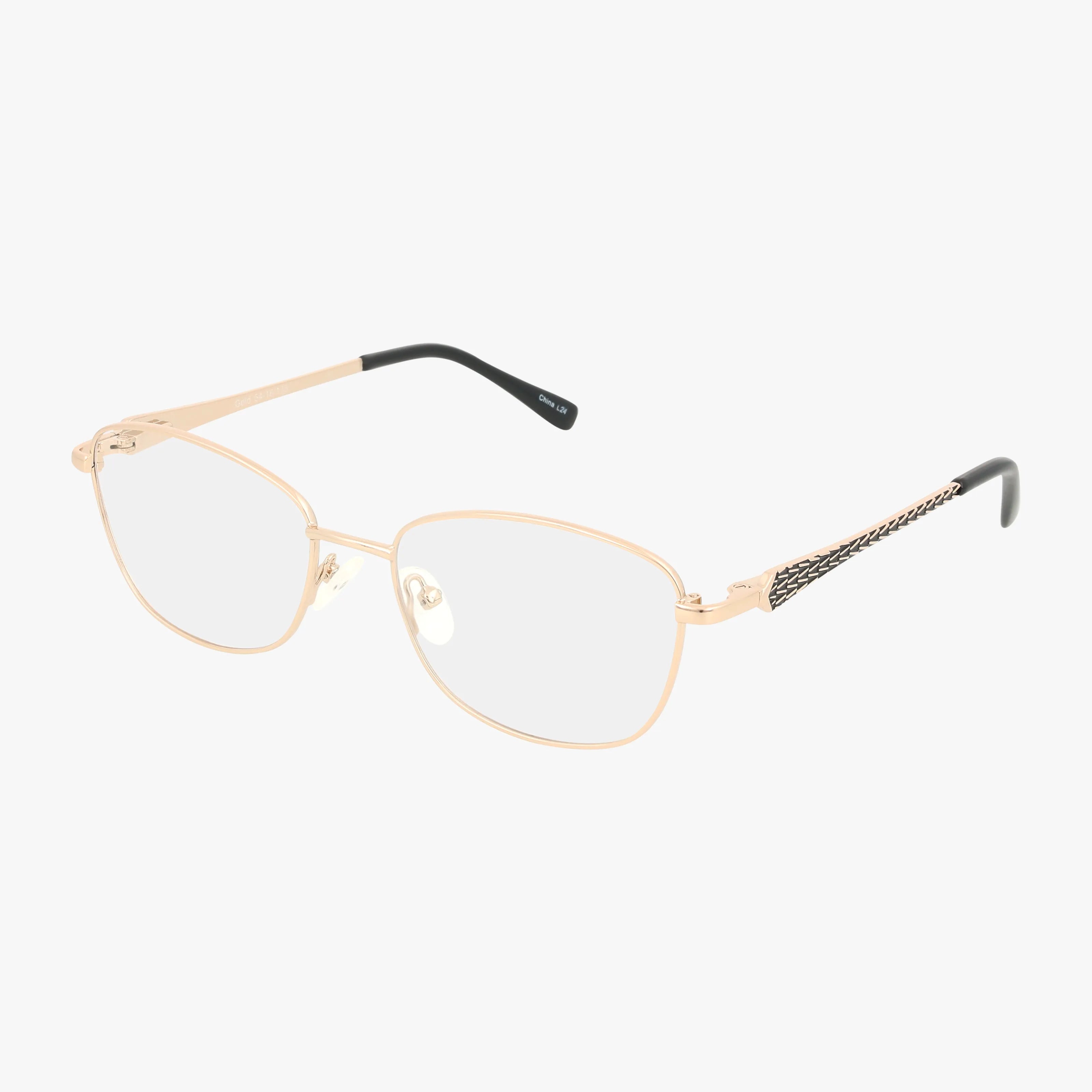 The 234 eyeglass frames feature gold metal construction, clear lenses, black temple tips, and textured-patterned arms, showcased against a white background.