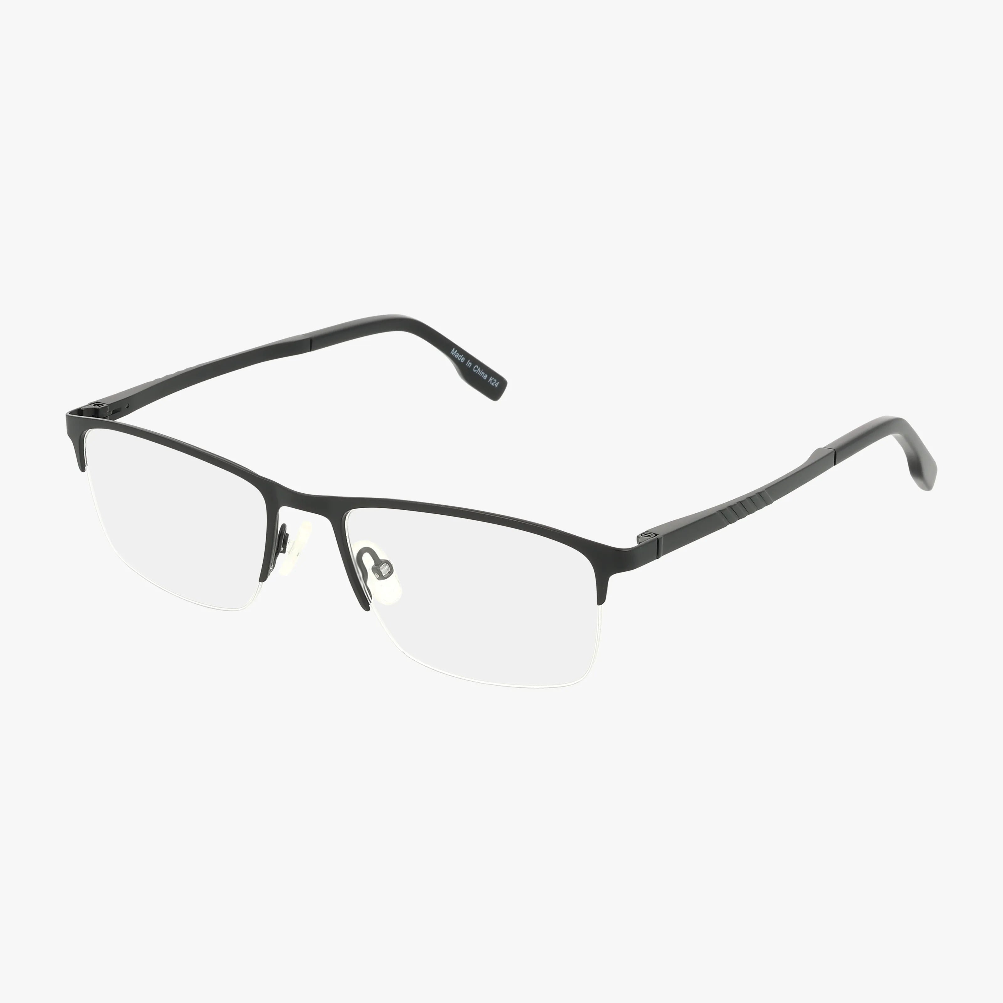 Product 158: Black, semi-rimless eyeglasses with rectangular blue light lenses and adjustable nose pads, ideal for daily use, shown on a white background.