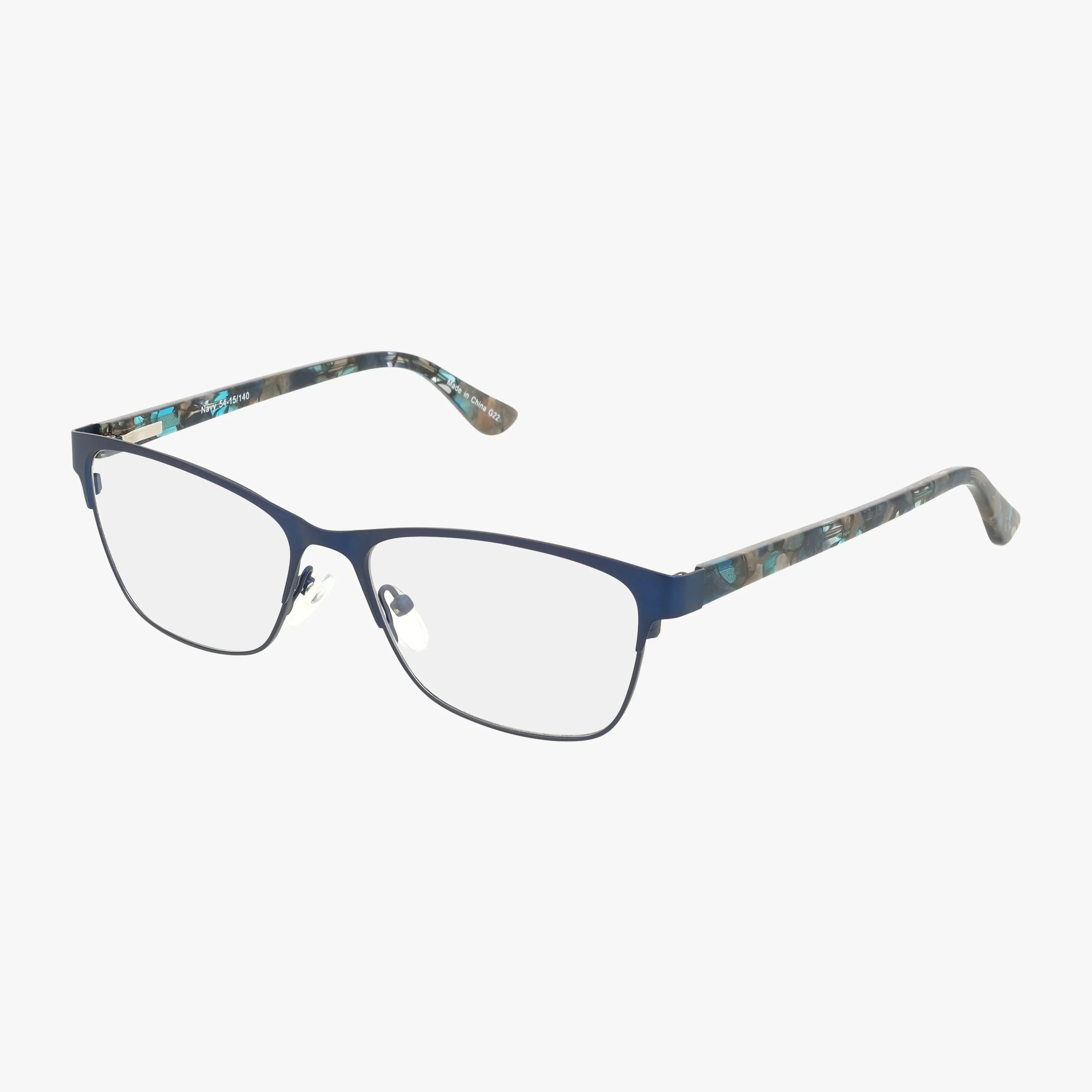 The 676 eyeglasses feature a rectangular blue front frame with patterned temples in blue, gray, and brown, creating a sophisticated style shown on a white background.