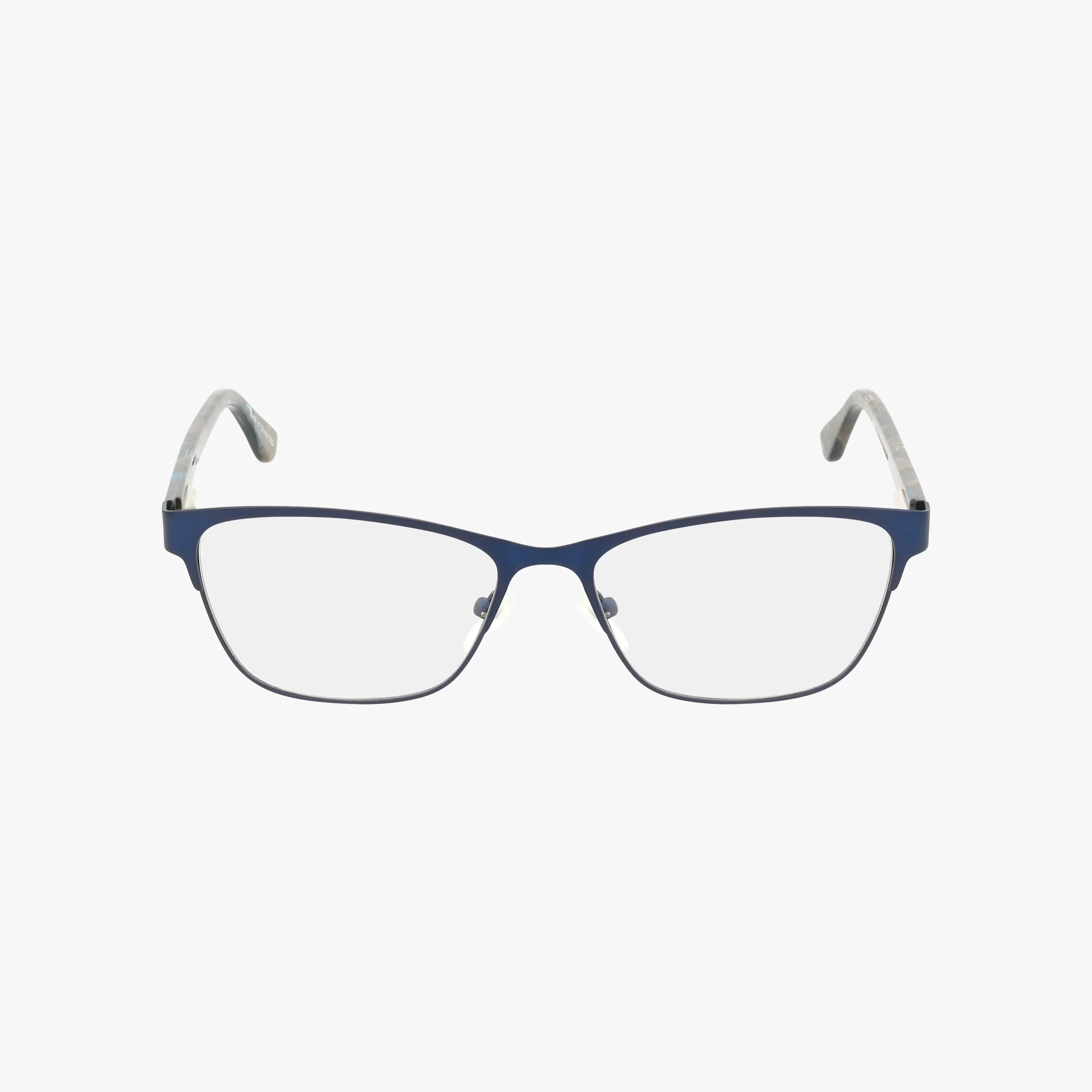 Product 676: Rectangular eyeglasses with thin, dark blue frames and clear lenses, shown from the front on a white background. The temples have a light, translucent color for a sophisticated look.