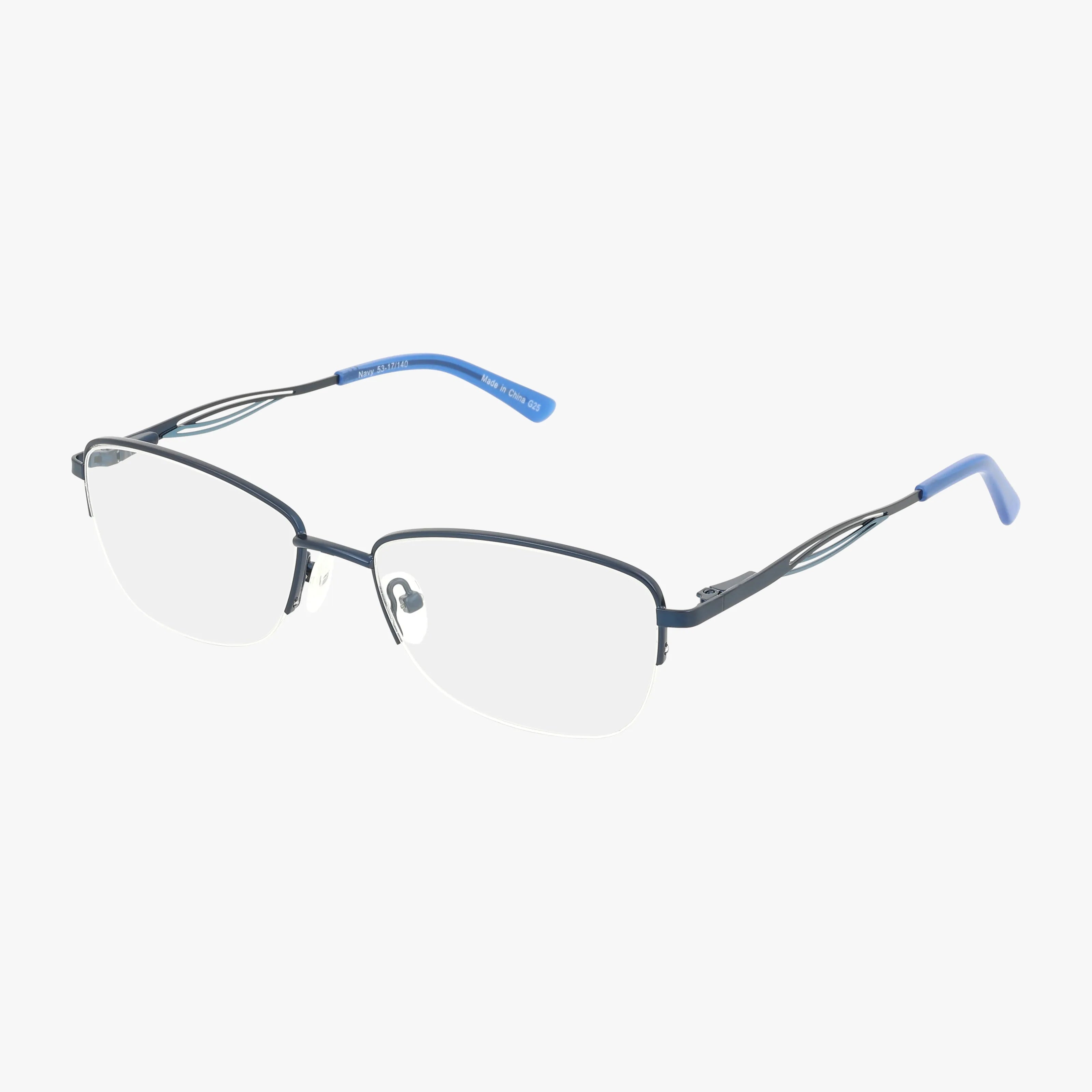 The 678 eyeglasses feature a semi-rimless design with thin dark metal frames, clear lenses, blue temple tips, and temples with a unique cutout design for a bold eyewear statement.