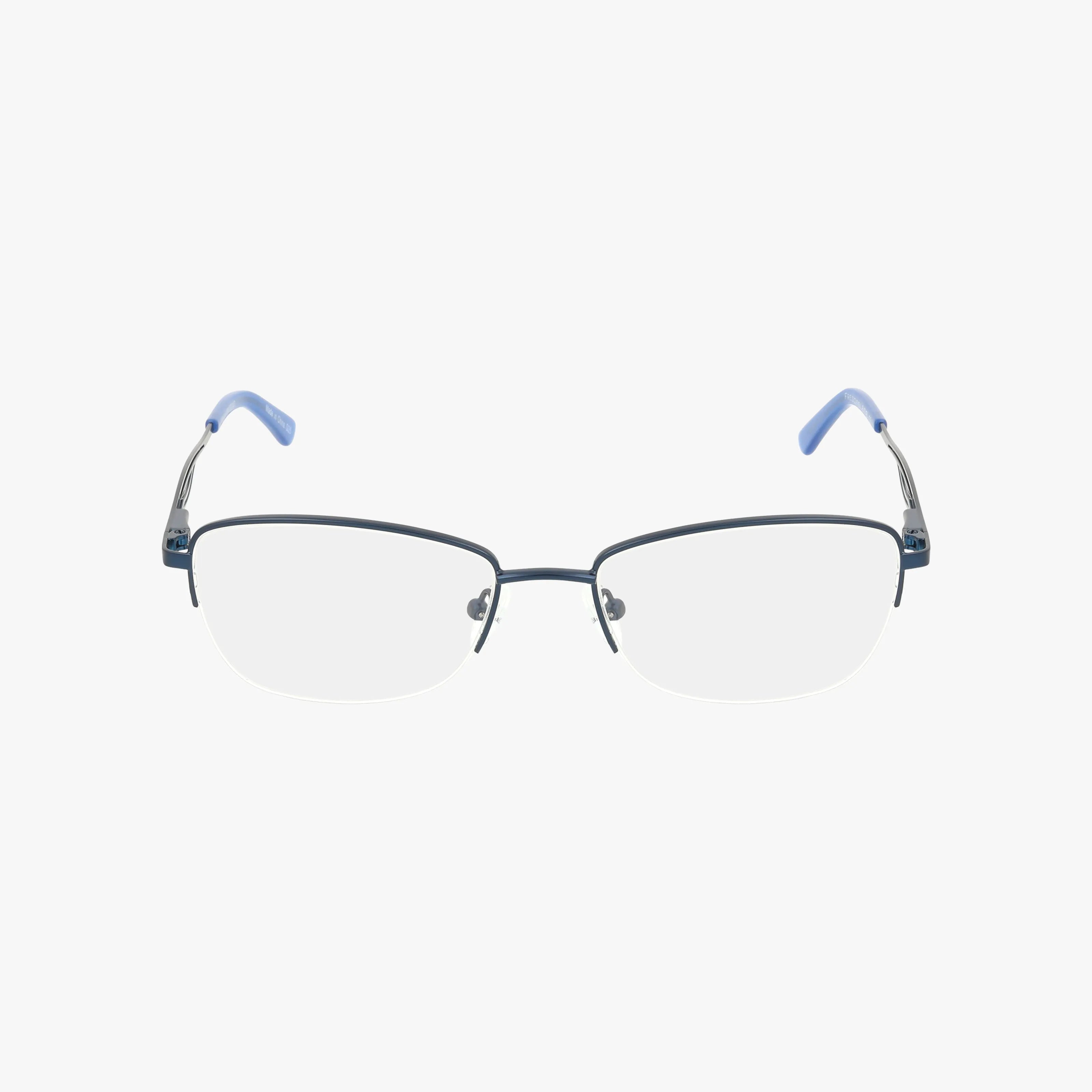 Rectangular eyeglasses (Product 678) with thin dark metal frames, clear prescription lenses, and light blue temple tips—displayed on a white background.