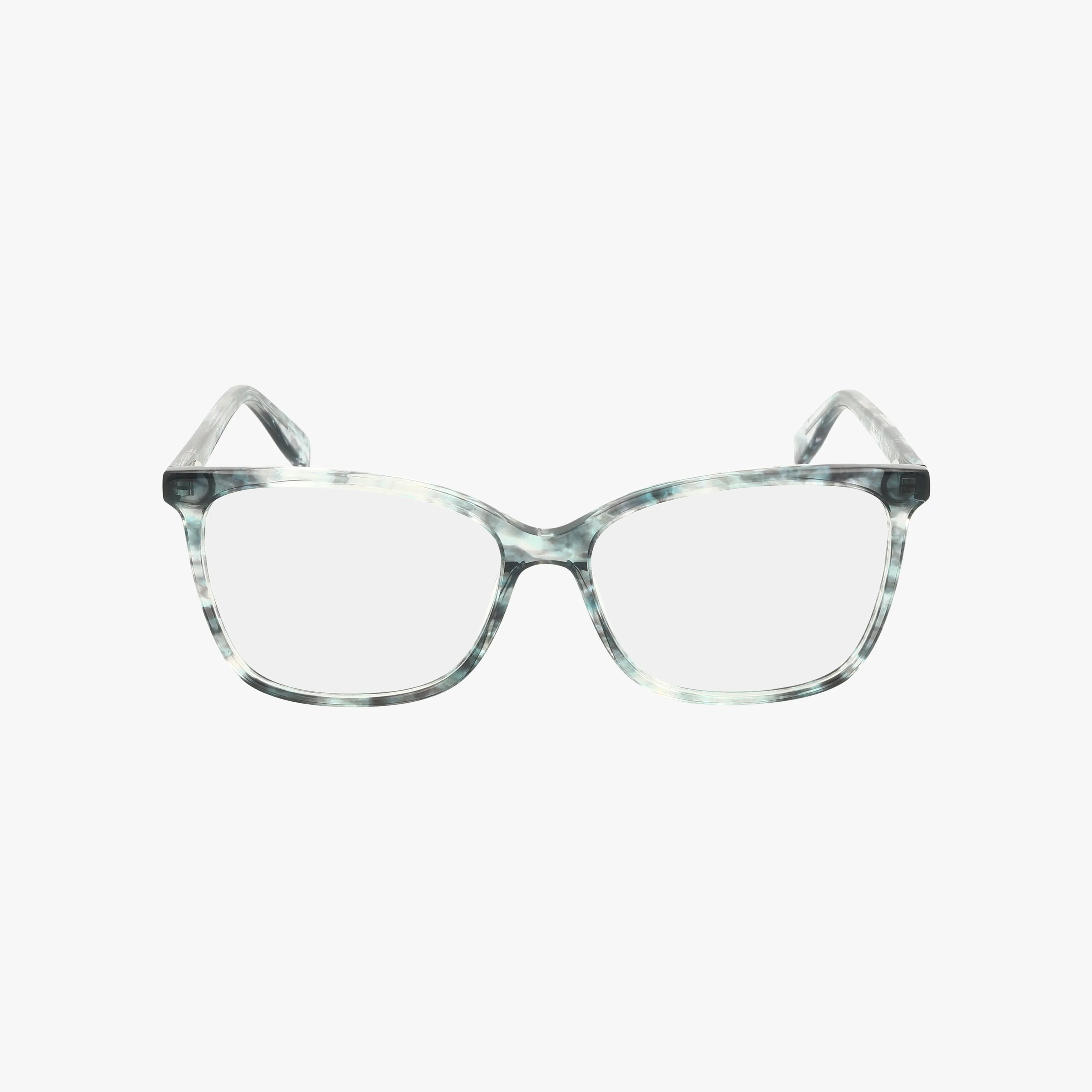 The 1003 eyeglasses feature a stylish, clear rectangular frame in translucent marbled gray, crafted with durable construction and shown from the front against a plain white background.