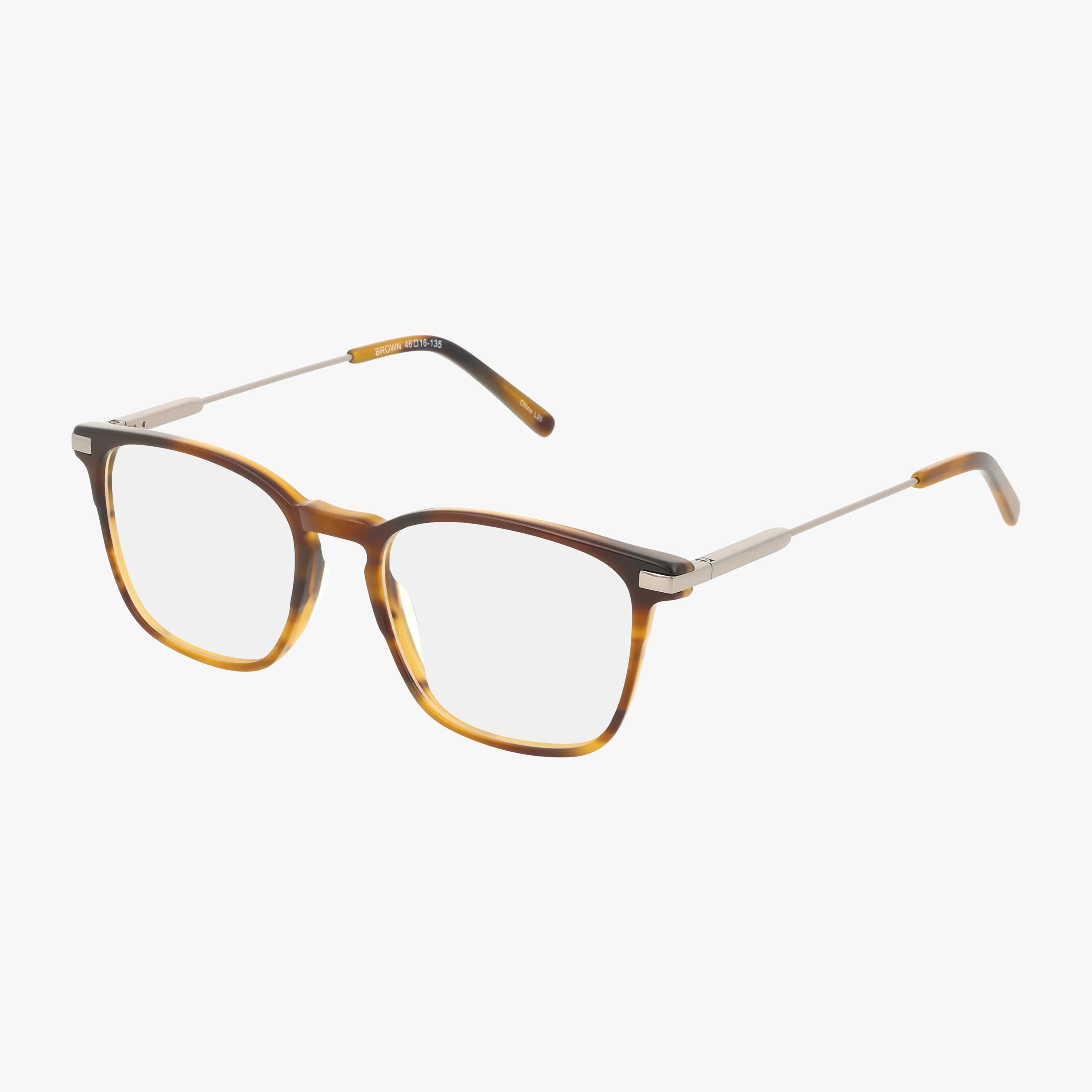 Opt for the 321 tortoiseshell rectangular eyeglasses, featuring thin metal temples and clear lenses—ideal for school. Shown on a white background.