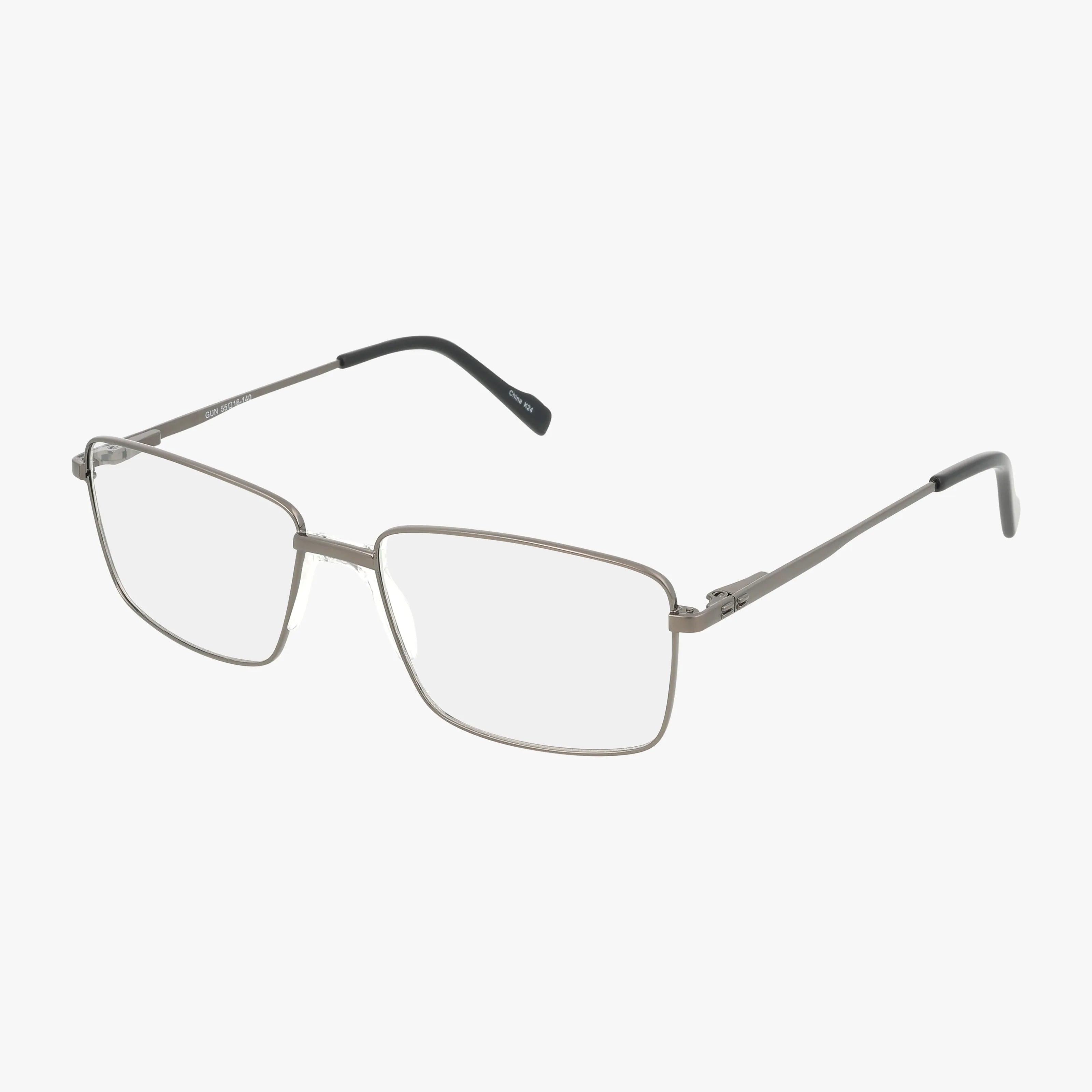 The 680 eyeglasses feature silver metal rectangular frames with a sleek design, thin arms, and black tips, shown on a white background—a versatile choice for any style.