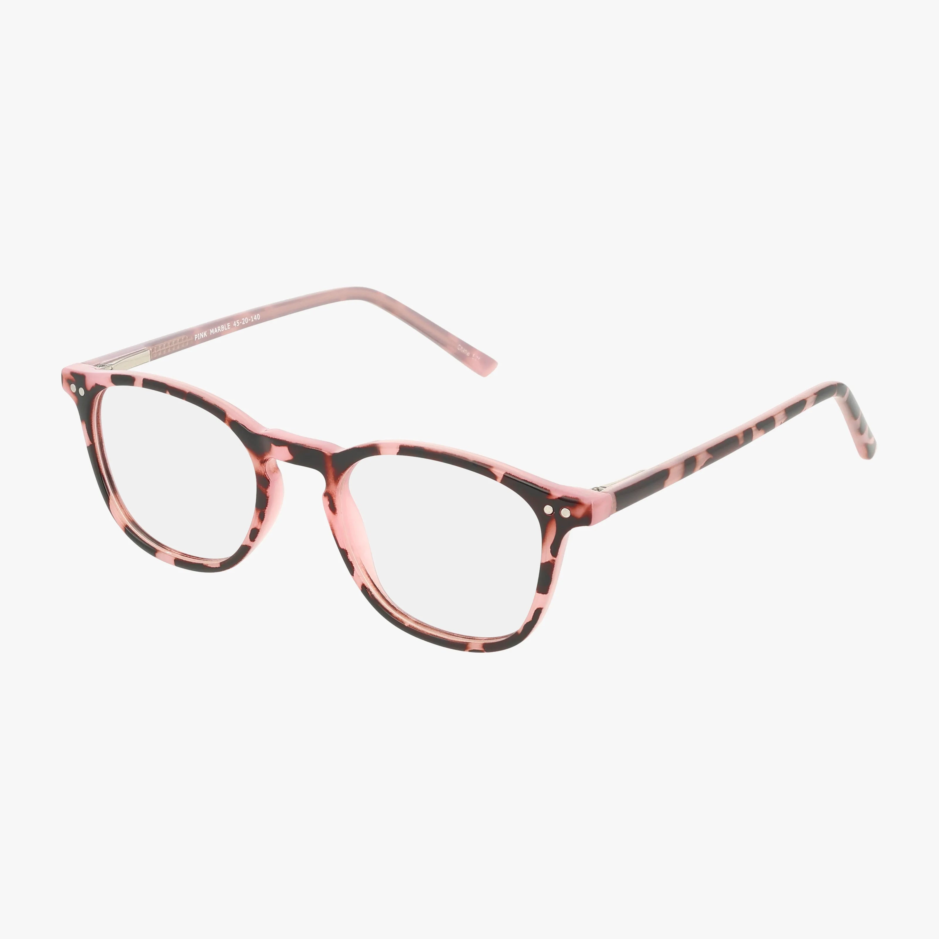 The 85 eyeglasses feature round lenses, slim matching arms, and a pink and black tortoiseshell pattern—an eye-catching style that sets you apart as Head of the Class. Shown against a white background.
