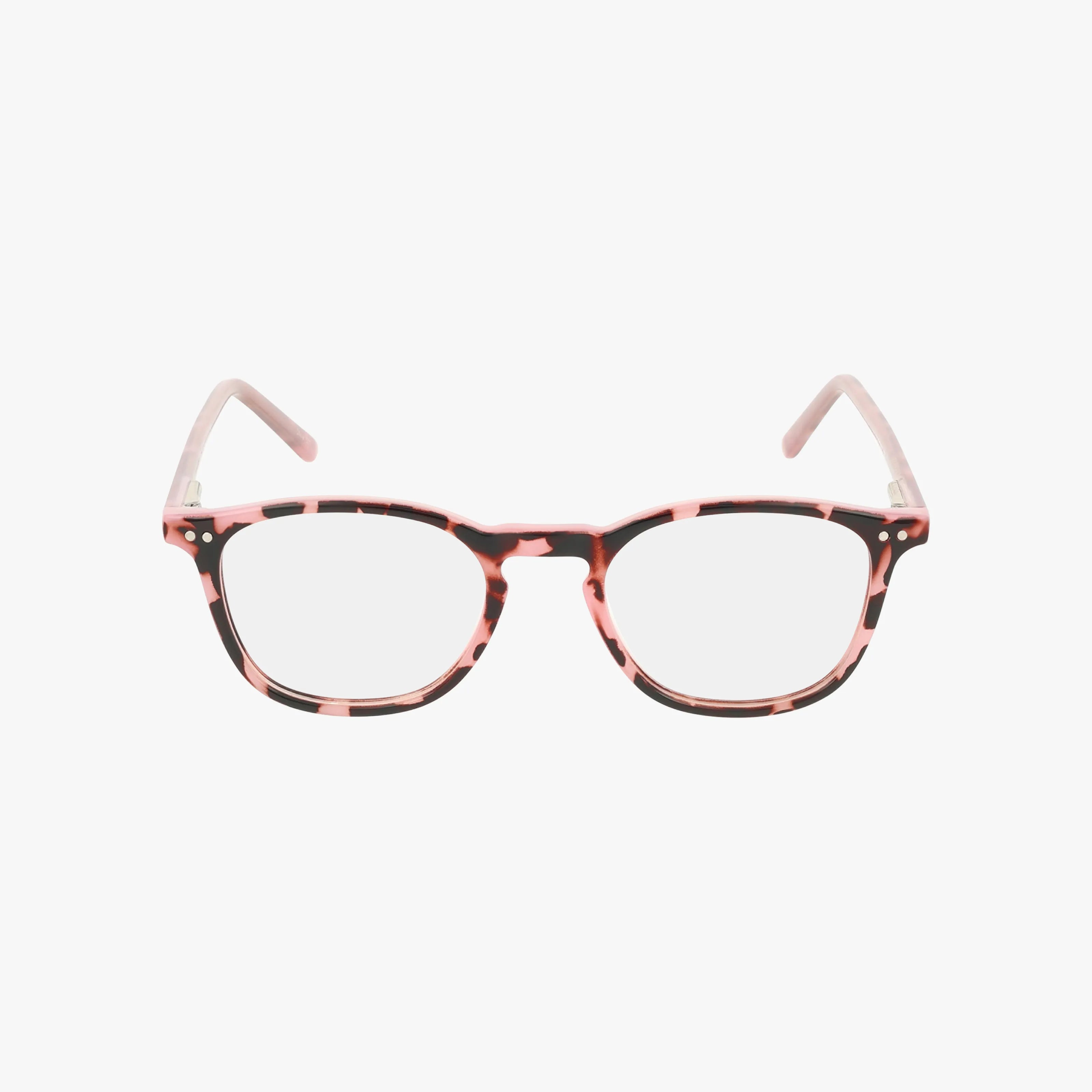 The 85 eyeglasses feature a rectangular frame in a pink and black tortoiseshell pattern, designed to make you stand out as Head of the Class and shown on a white background.