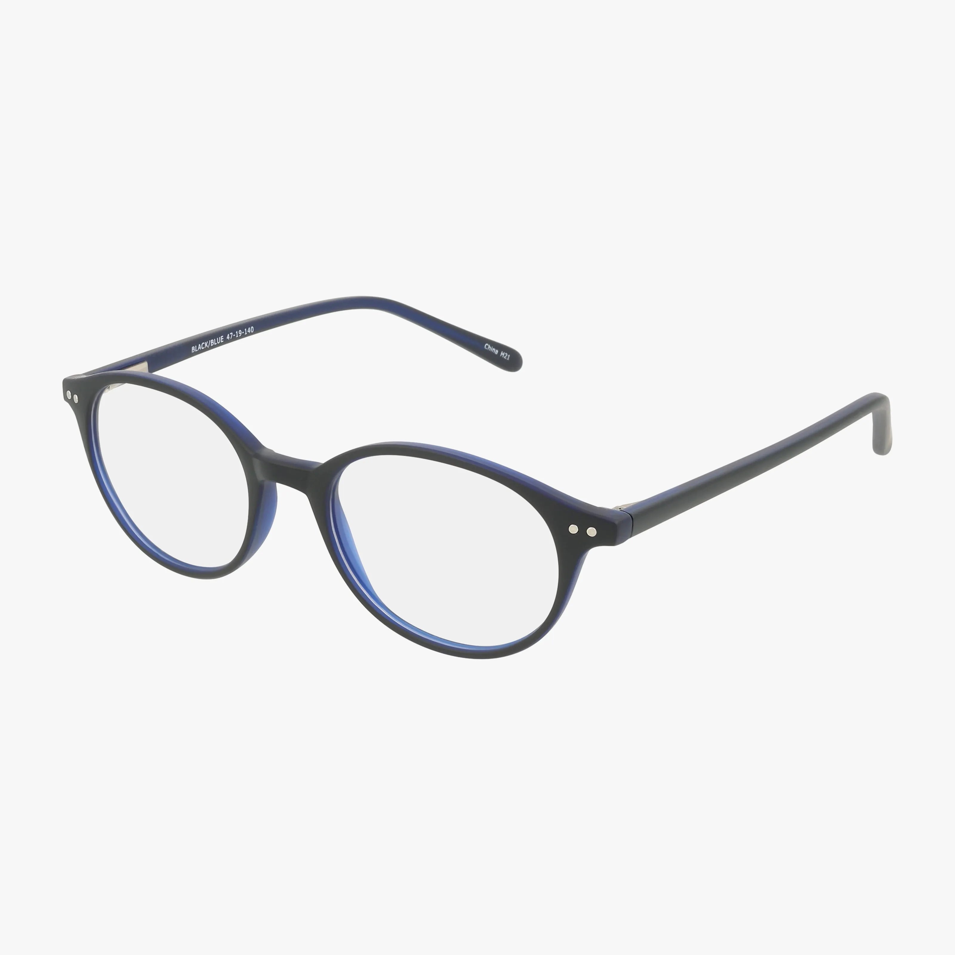 The 86 eyeglasses feature round black and blue frames with clear lenses, thin rims, and two small silver dots on each side—smart and stylish for school—displayed against a plain white background.