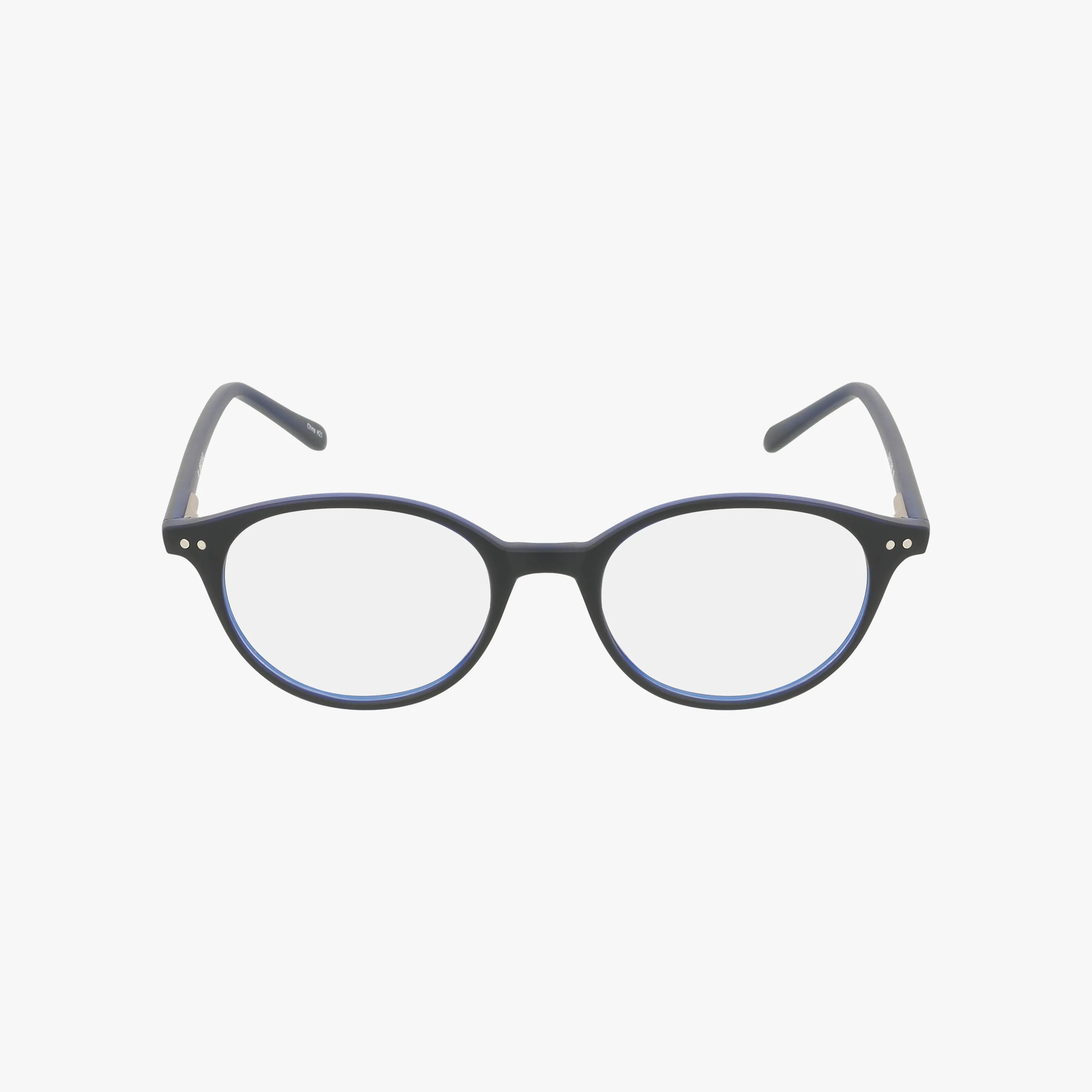 The 86 eyeglasses feature a round black frame with clear lenses and two small metal accents on each upper corner, shown against a plain white background. Perfect for a smart, sharp look.