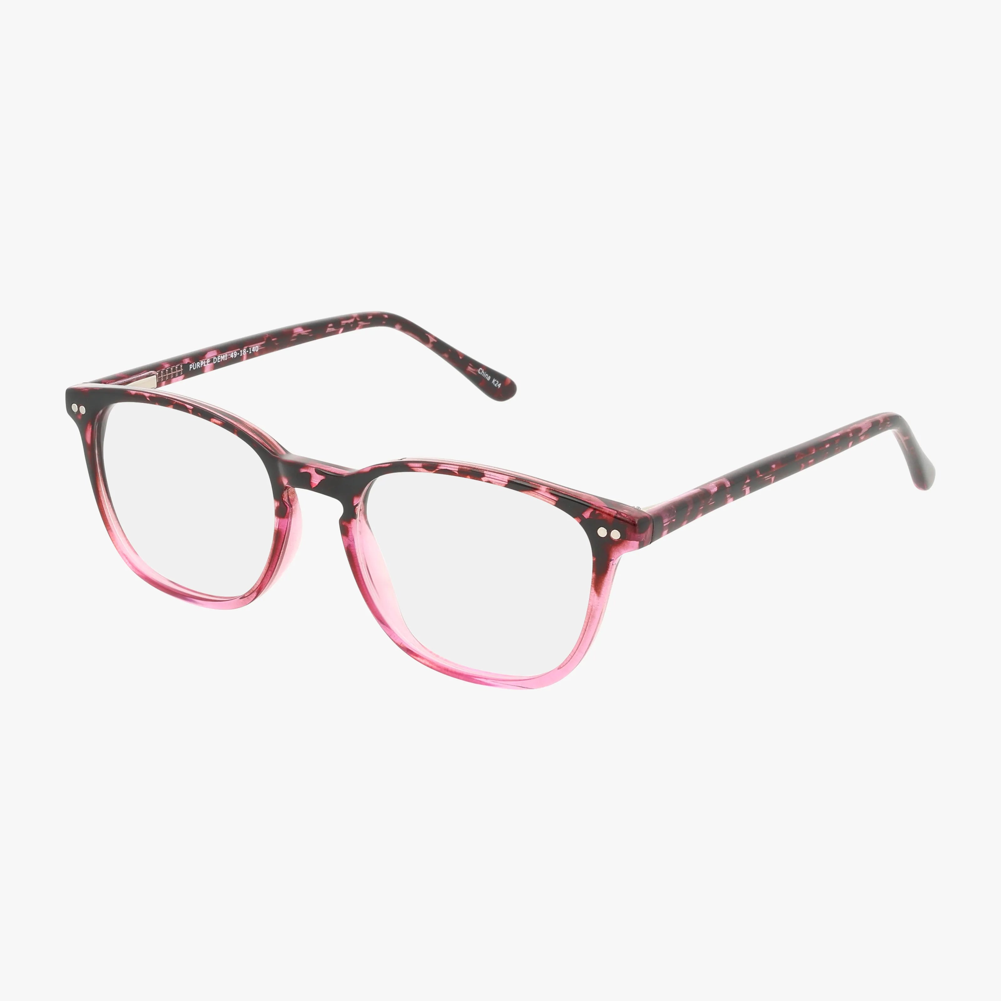 87 is a pair of rectangular eyeglasses with clear lenses and a pink tortoiseshell frame, featuring a darker pattern on top and lighter pink on the bottom—a standout Head of the Class style against a white background.