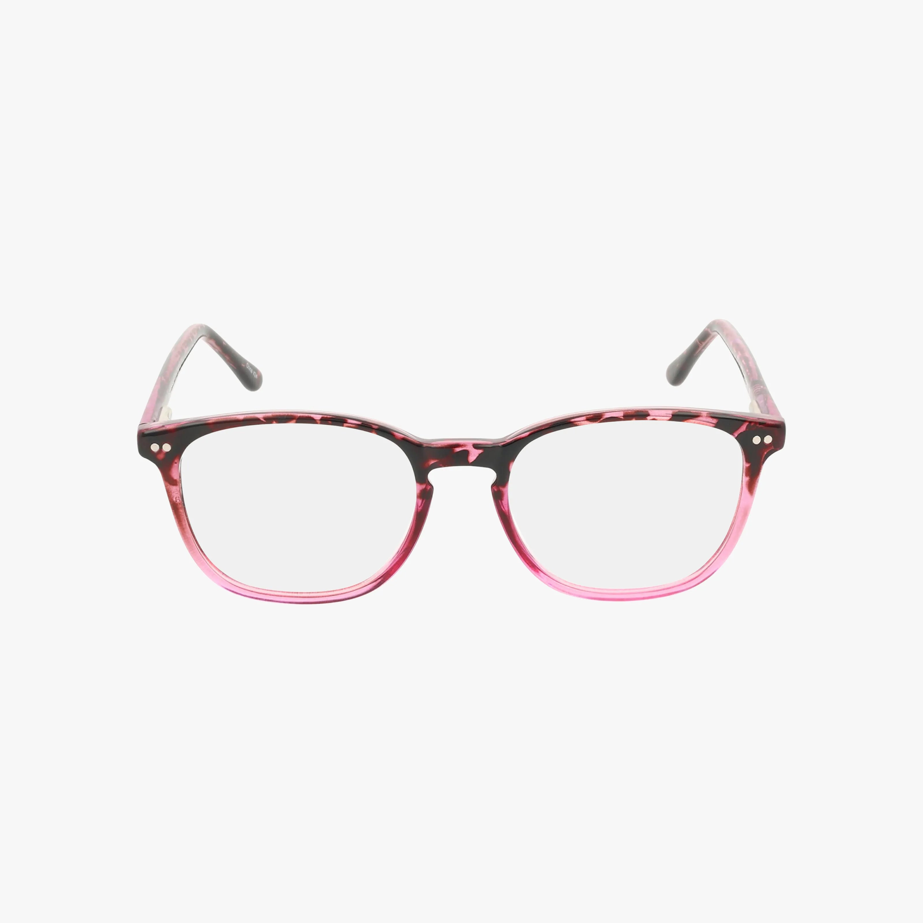 87 eyeglasses feature rectangular frames with a pink and black marbled pattern, designed to help you stand out. Shown from the front on a white background.