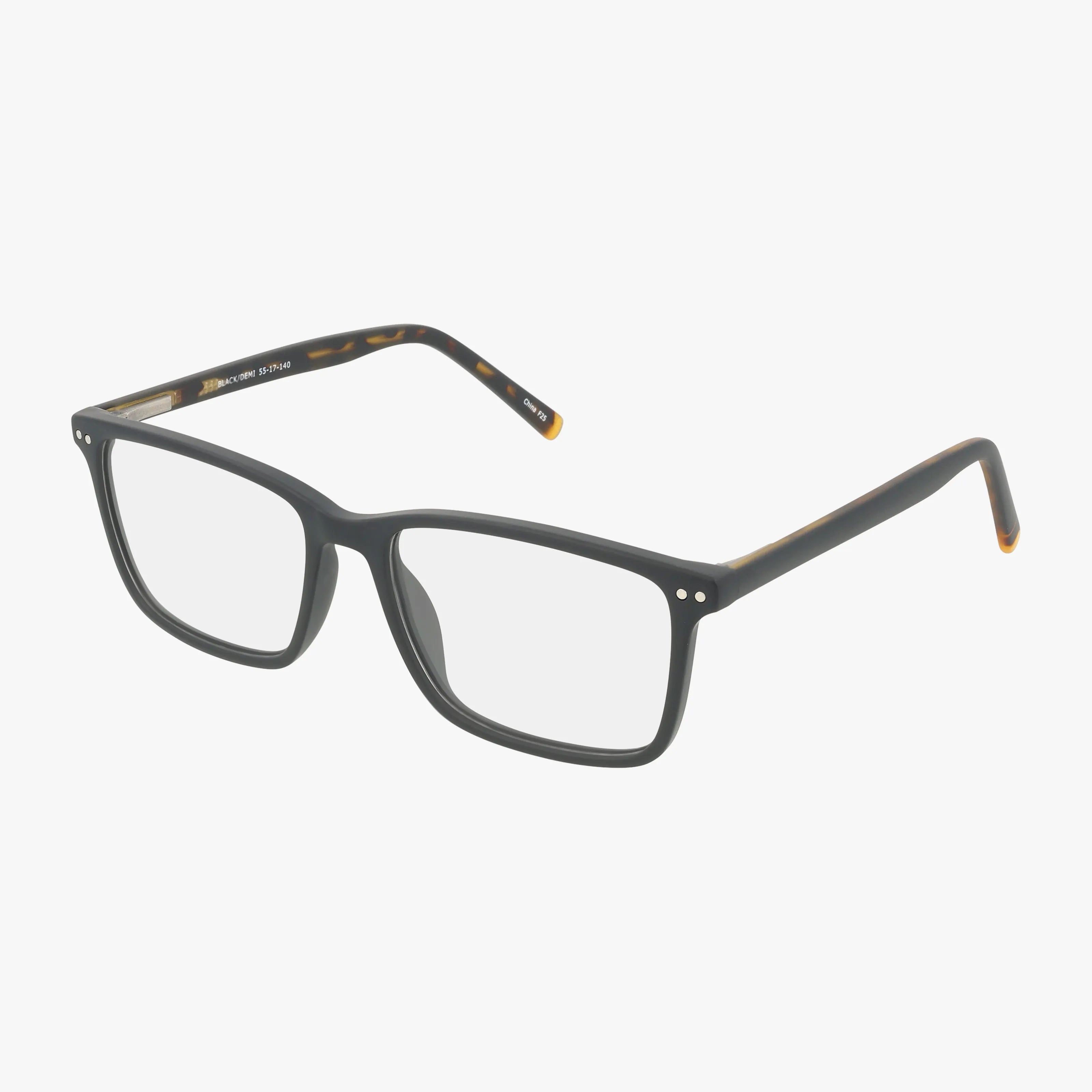 The 89 is a pair of black rectangular eyeglasses with clear lenses, subtle tortoiseshell accents on the inner arms, and small metallic dots by the hinges—offering bold everyday style, shown on a white background.