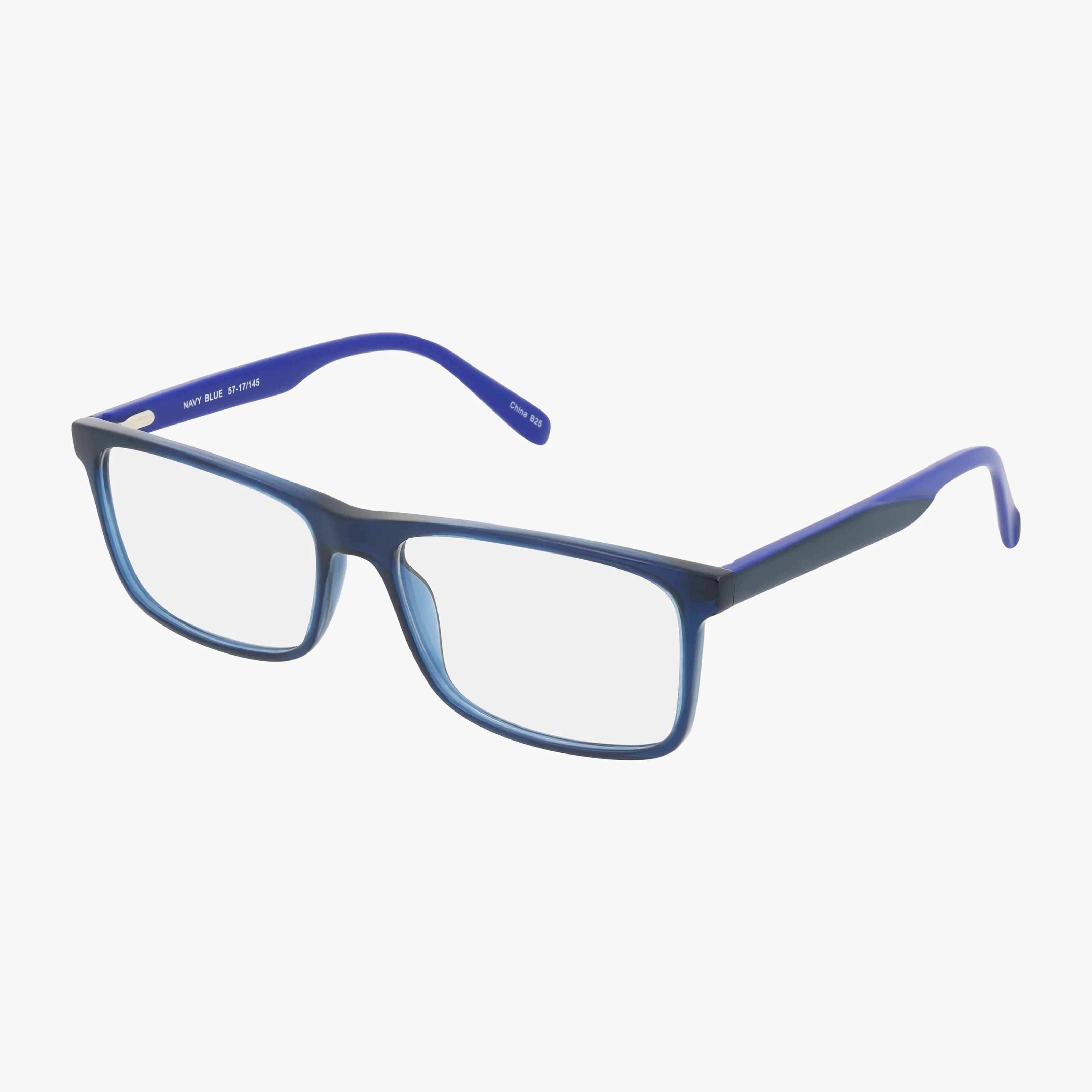 Product 1012: Rectangular blue eyeglasses with bold matte frames, clear lenses, and slightly curved arms, shown on a white background.