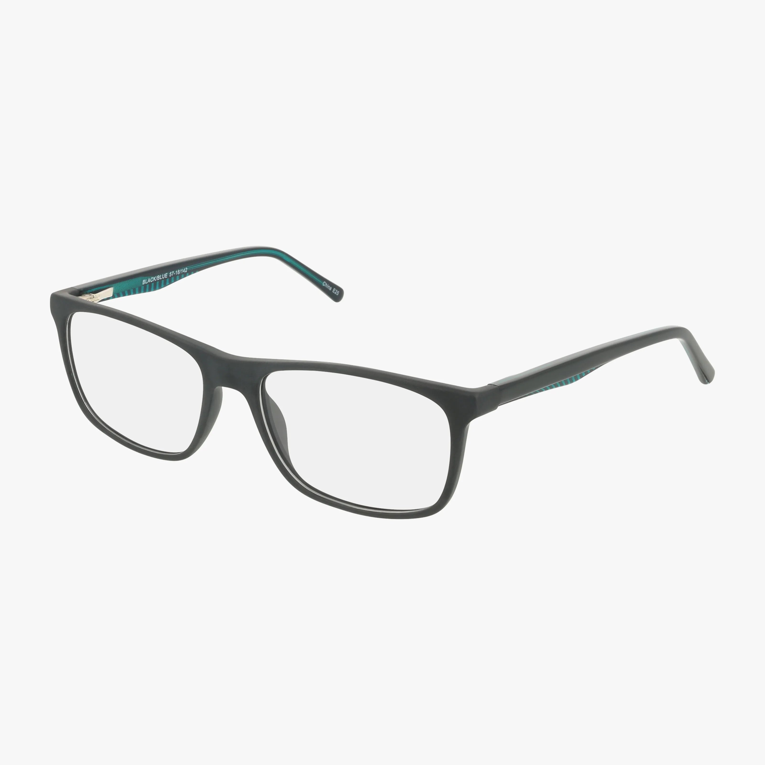 1011 is a pair of black rectangular eyeglasses with prescription-ready, clear lenses and a modern frame design featuring thin, slightly curved arms. Displayed on a white background.