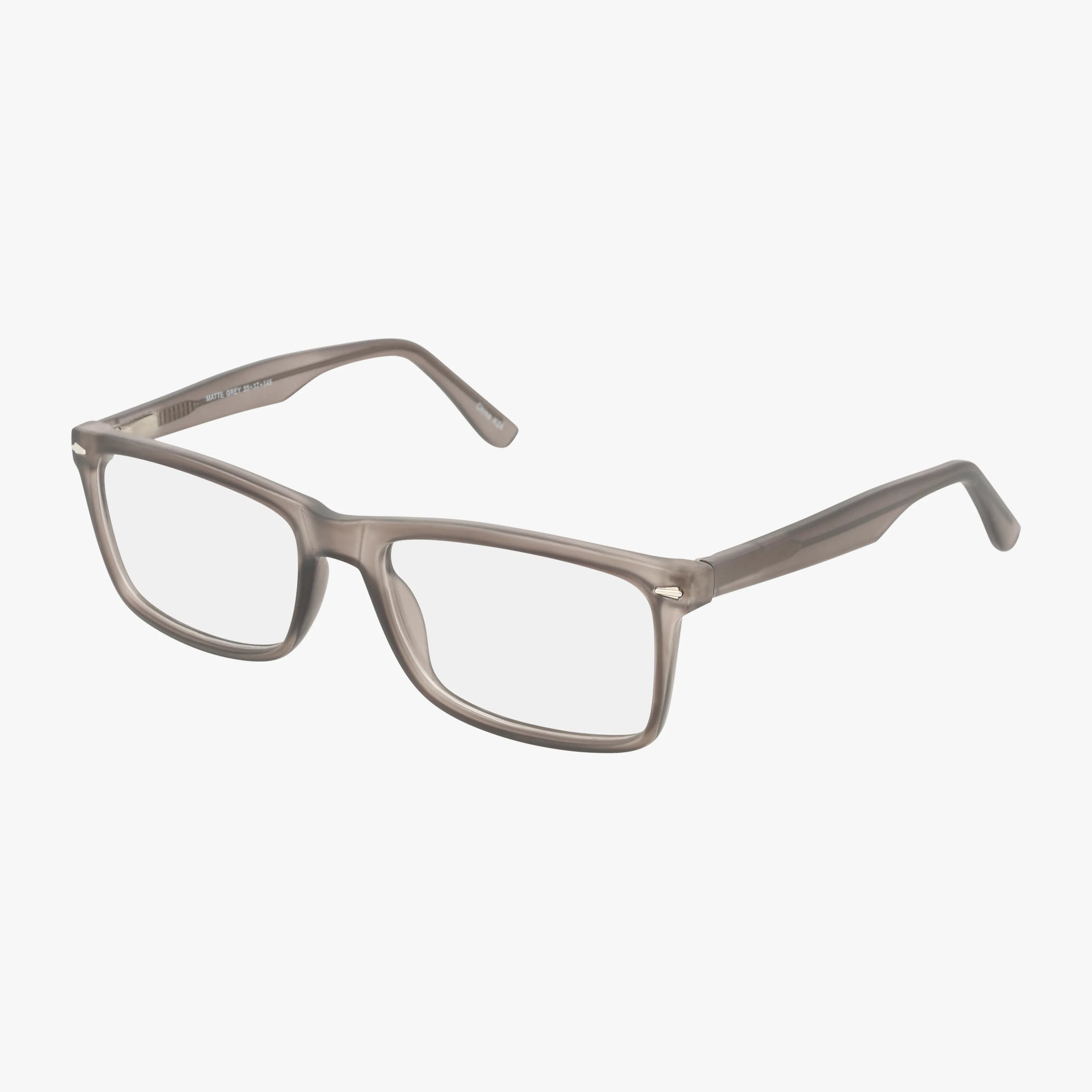 The 81 eyeglasses feature a refined rectangular frame in translucent gray plastic with clear lenses, showcased on a plain white background for a sophisticated look.