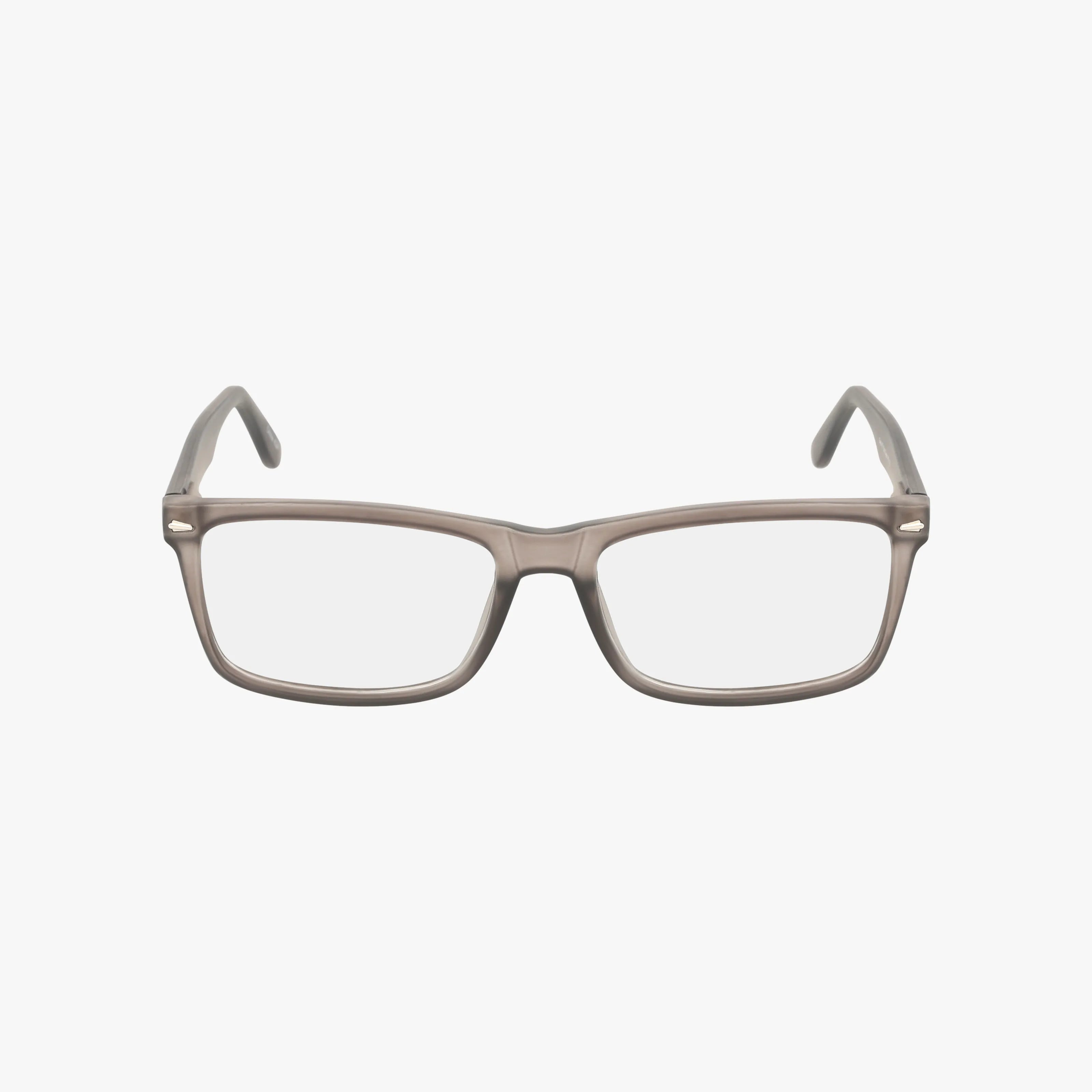 81 rectangular eyeglasses with clear lenses and a refined grayish-brown plastic frame are shown facing forward on a white background, emphasizing their sophisticated design.