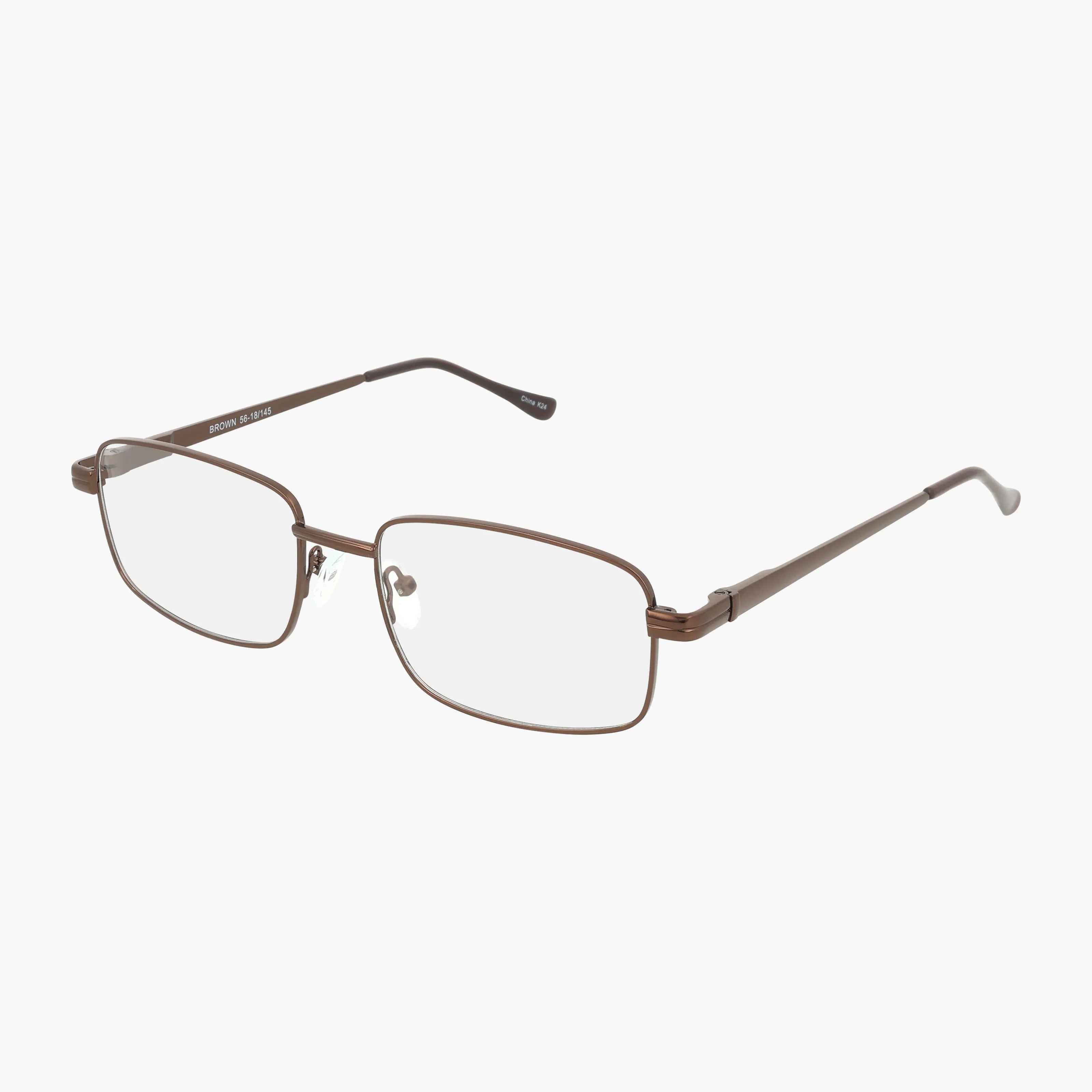 The 245 eyeglasses are rectangular and brown with thin metal frames, clear lenses, and adjustable nose pads, shown on a white background.