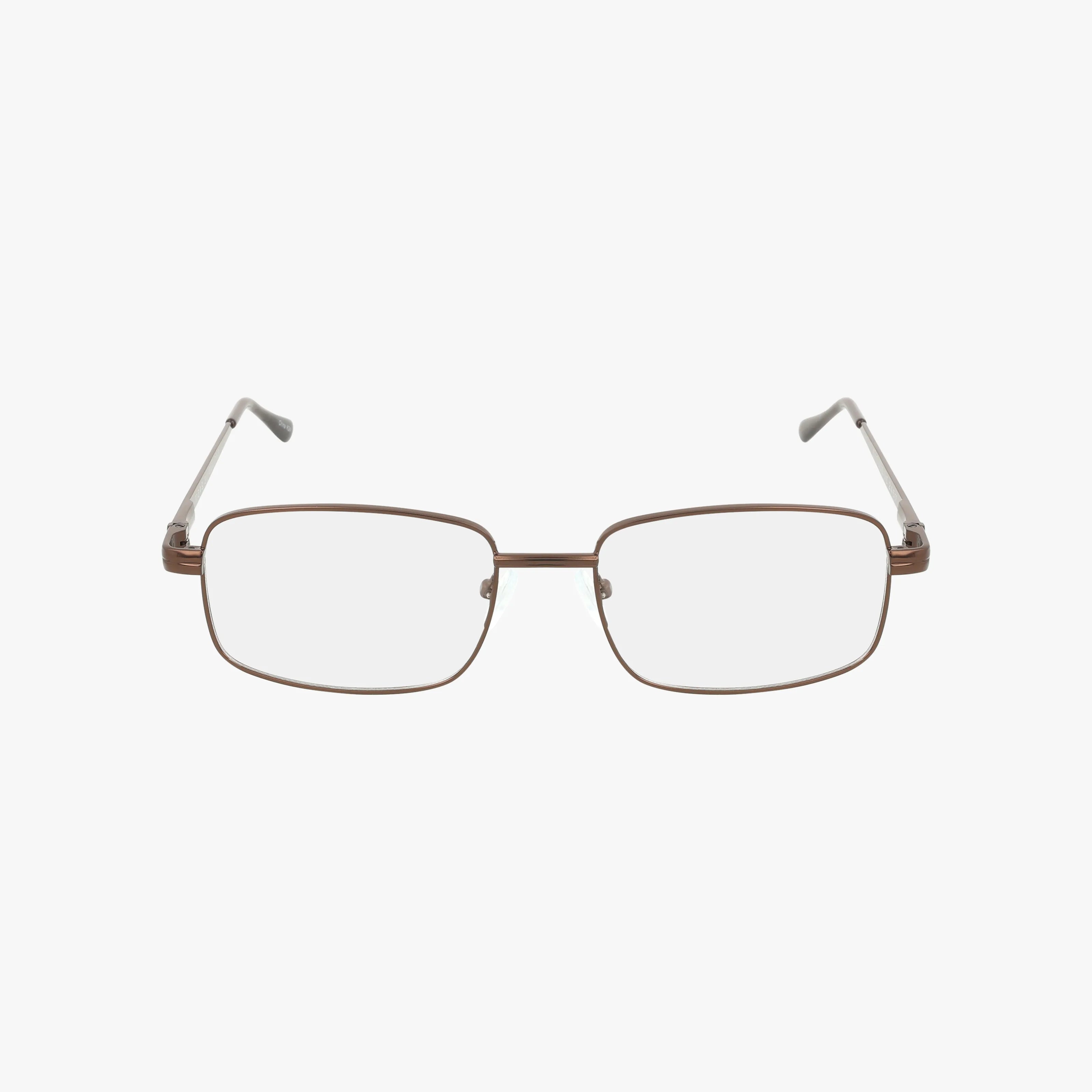 Product 245: Brown rectangular eyeglasses with a stylish, thin metal frame and clear lenses, shown facing forward on a white background.