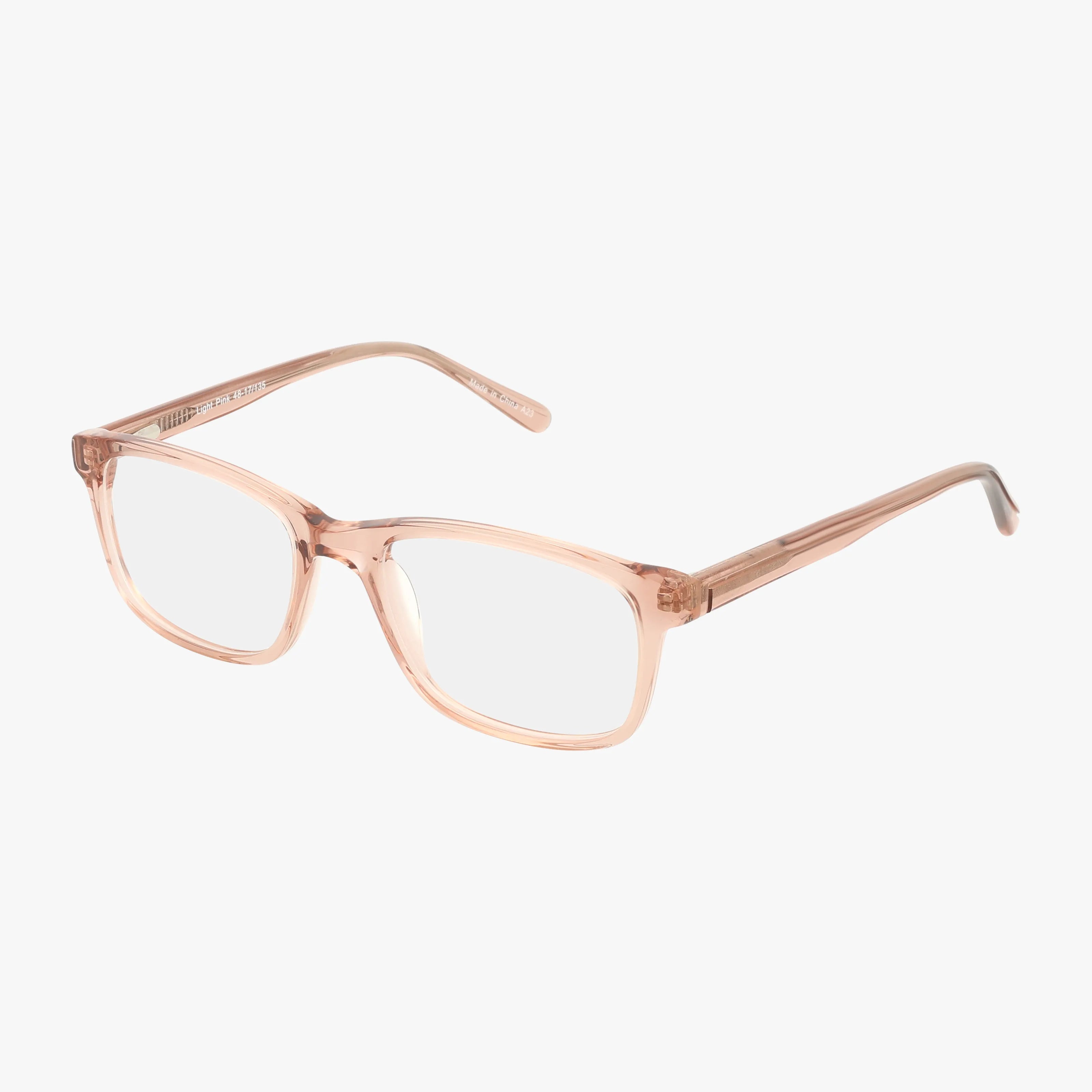 327 clear pink rectangular eyeglasses feature transparent frames and arms, designed to help you stand out as Head of the Class. Shown on a white background.