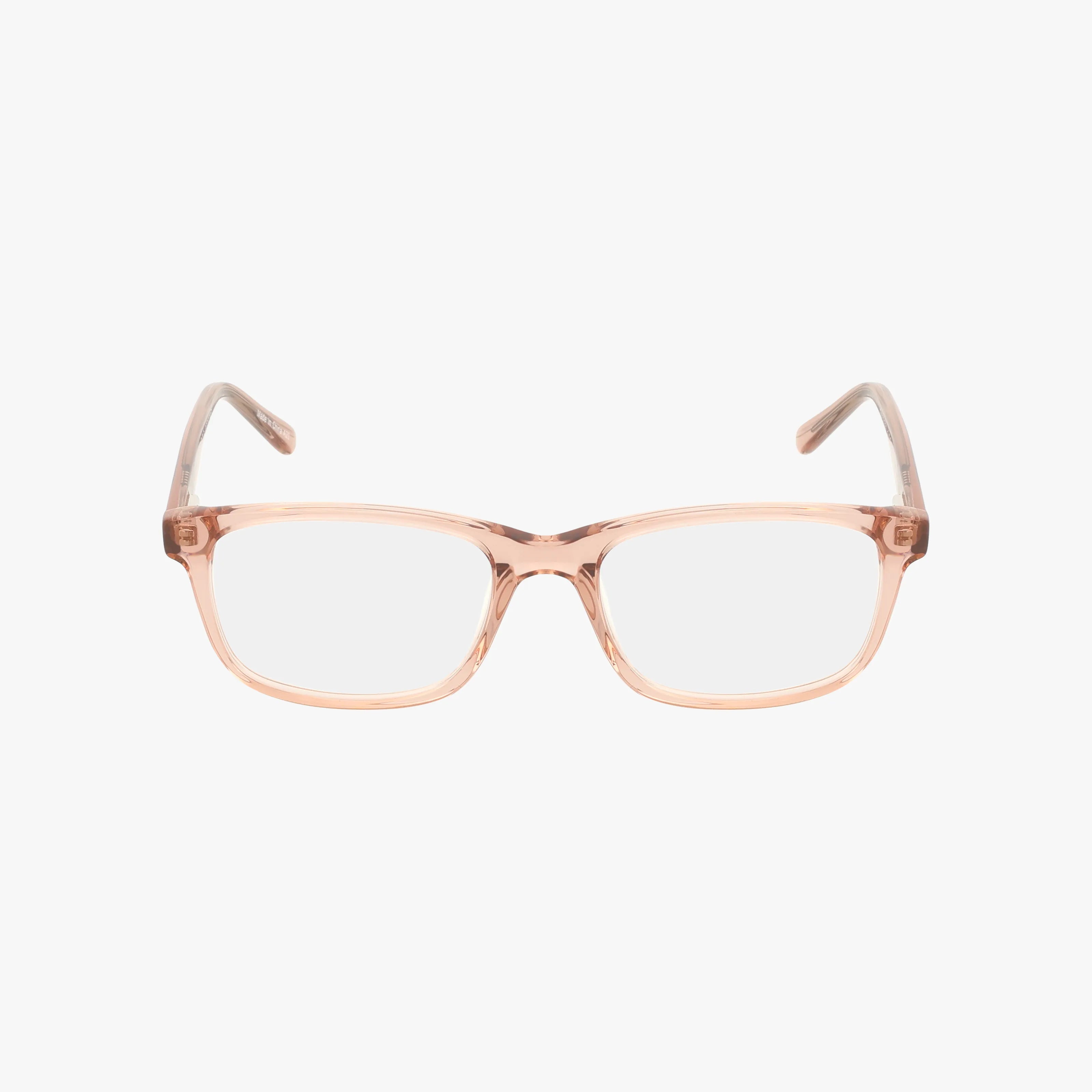 The 327 eyeglasses feature rectangular frames in transparent light pink, stylishly displayed on a white background—perfect for making you stand out as the Head of the Class.