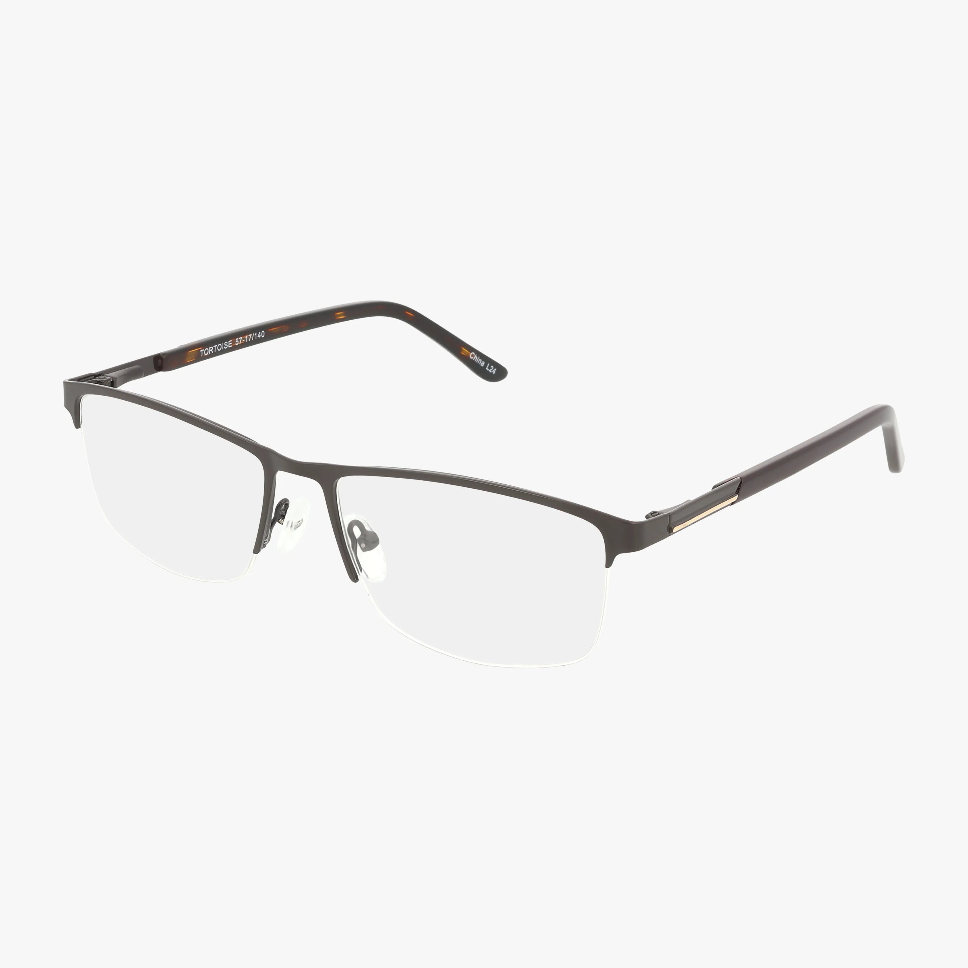 The 694 eyeglasses feature a semi-rimless rectangular design, thin dark metal frame, clear lenses, adjustable nose pads, and curved arms for lightweight comfort and lasting durability.
