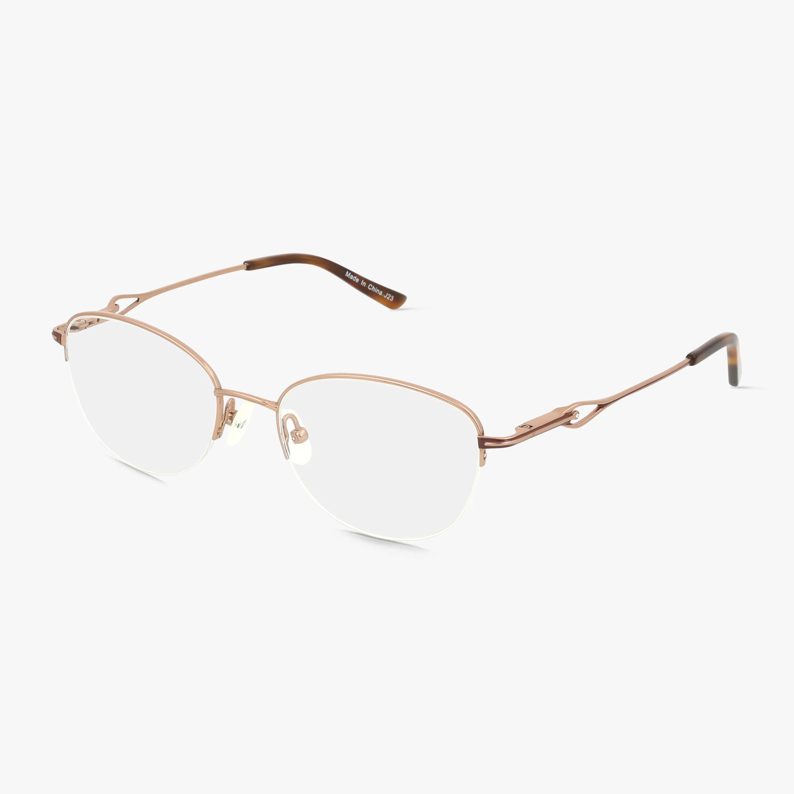 The 500 eyeglasses are thin, gold-rimmed, semi-rimless frames with clear prescription lenses, a delicate minimalist design, and slightly curved arms, shown on a white background.