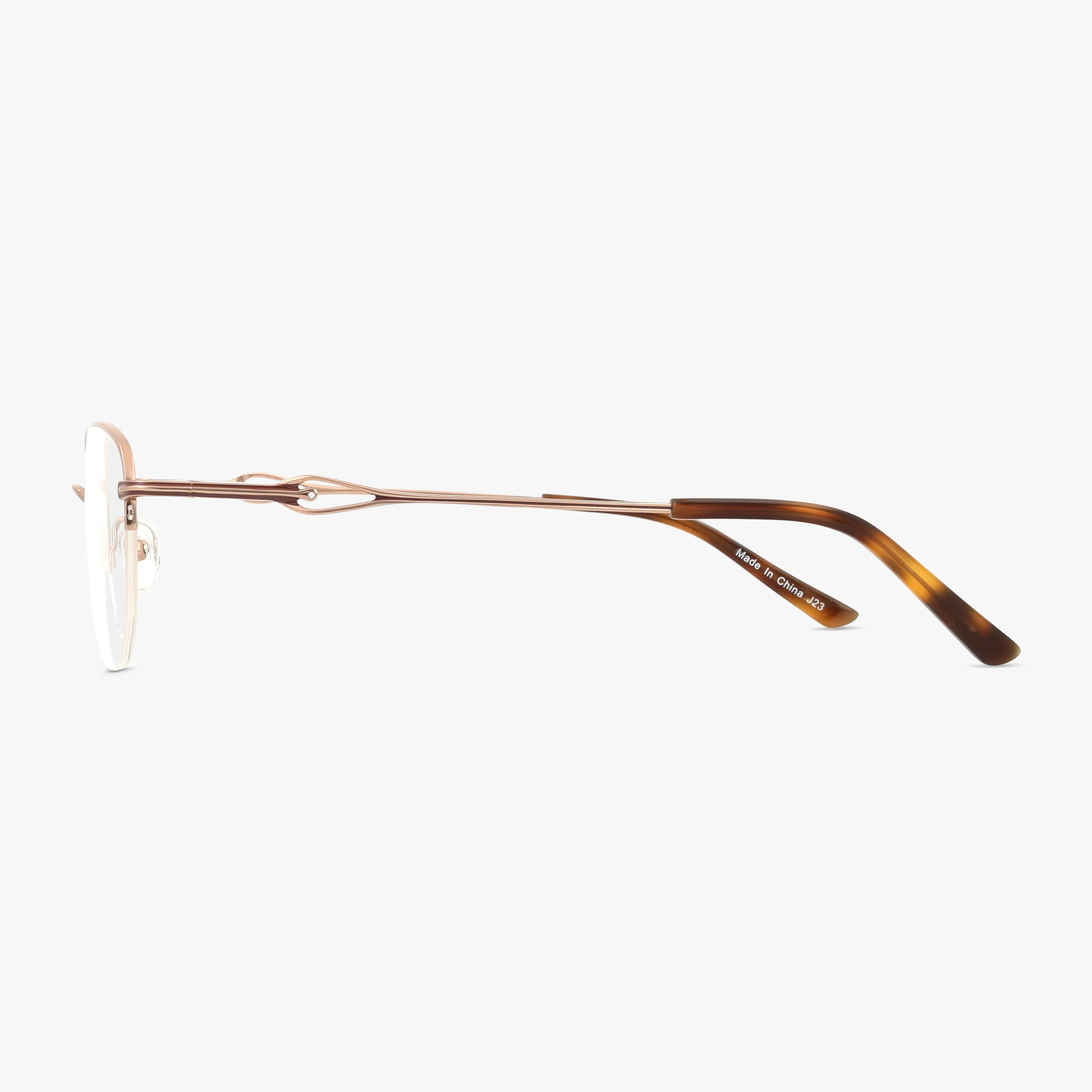 Side view of 500 eyeglasses with a minimalist frame, thin metallic gold rims, and brown tortoiseshell-patterned temple tips, highlighting modern durability on a plain white background.