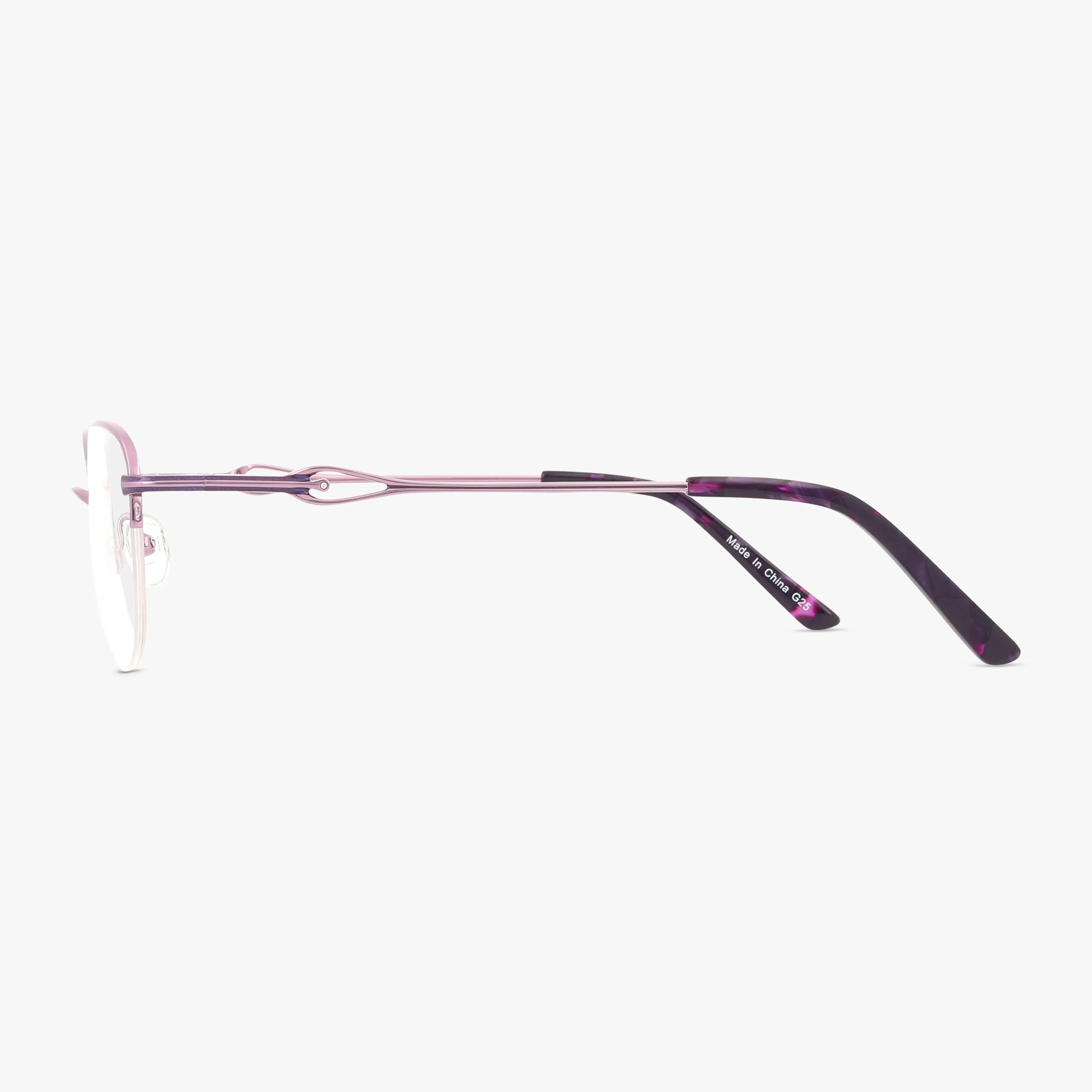 Side view of the 500 eyeglasses, featuring thin metallic purple minimalist frames with dark purple patterned temple tips and prescription lenses, set against a plain white background.