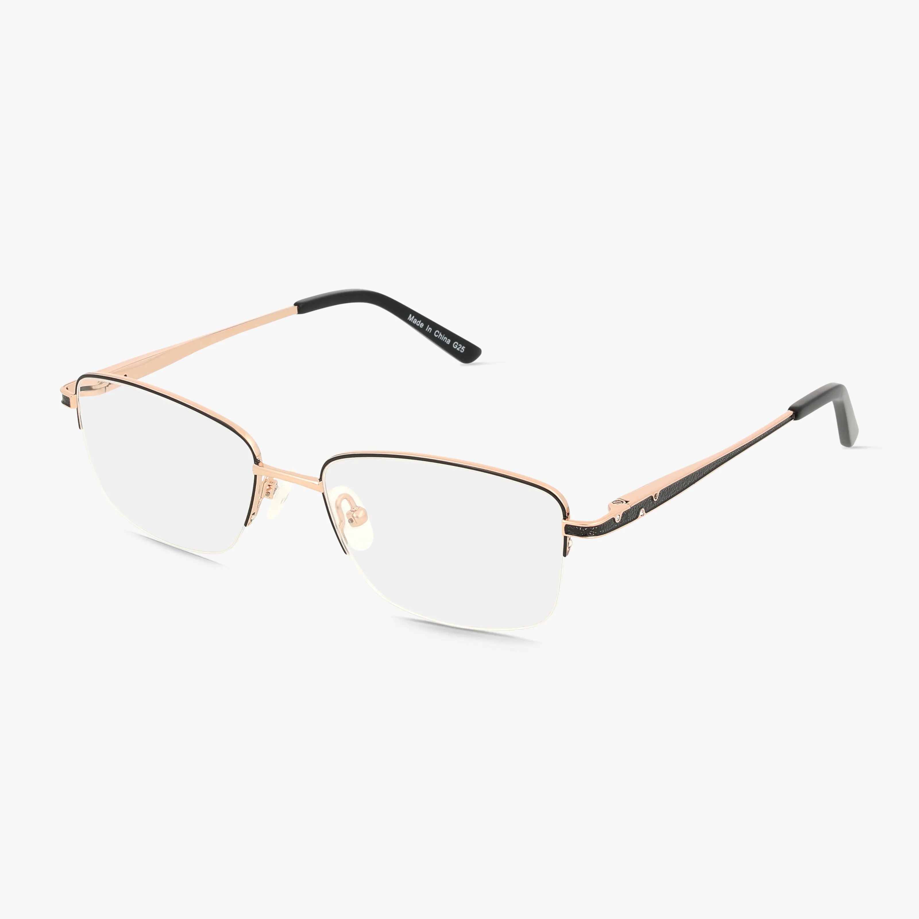 The 501 semi-rimless eyeglasses feature gold metal frames, clear lenses, black temple tips, and subtle brown accents on the arms for a timeless, classic look—shown on a white background.