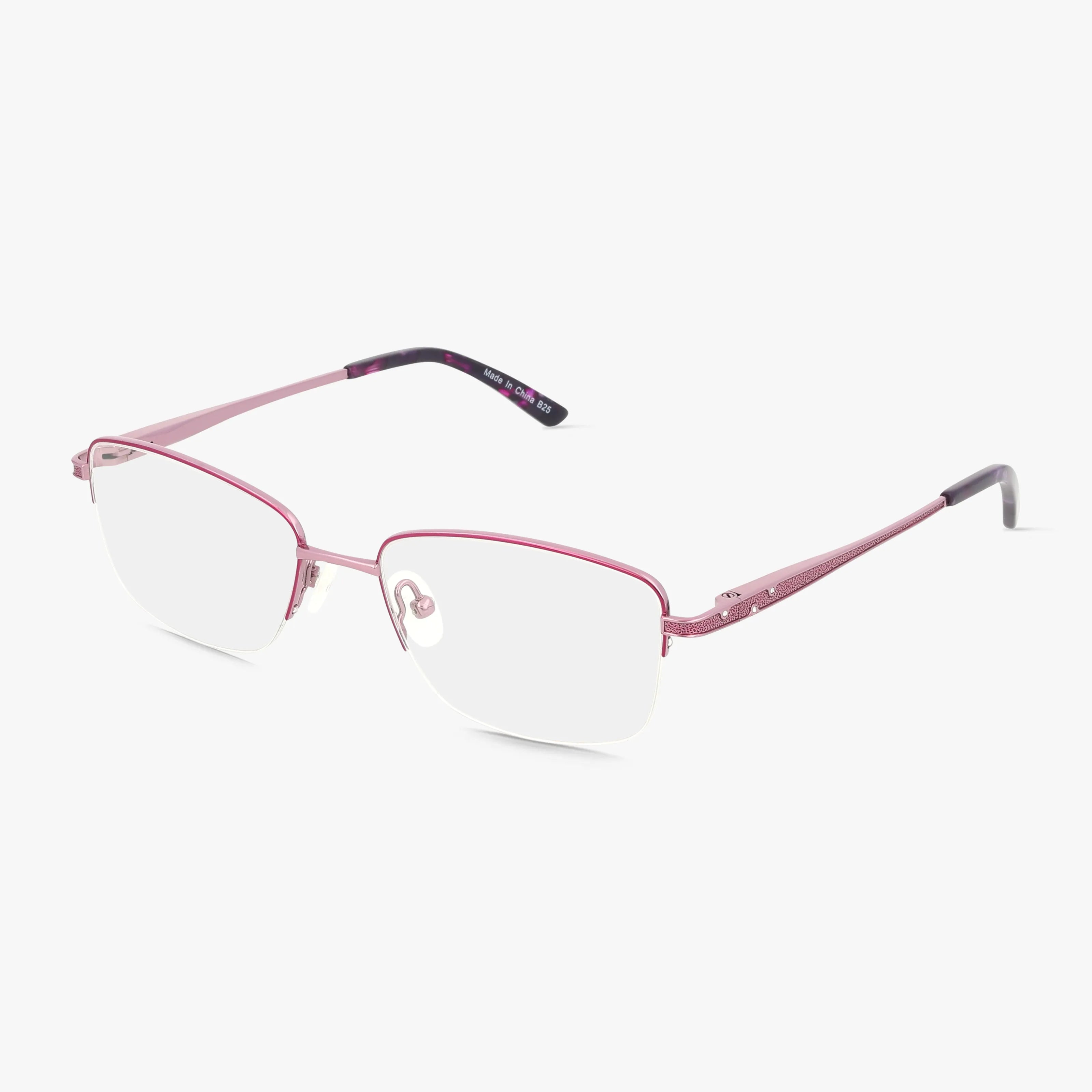 The 501 features thin, metallic pink semi-rimless frames with clear lenses, pink temples, and black tips—a timeless eyeglass design presented on a white background.