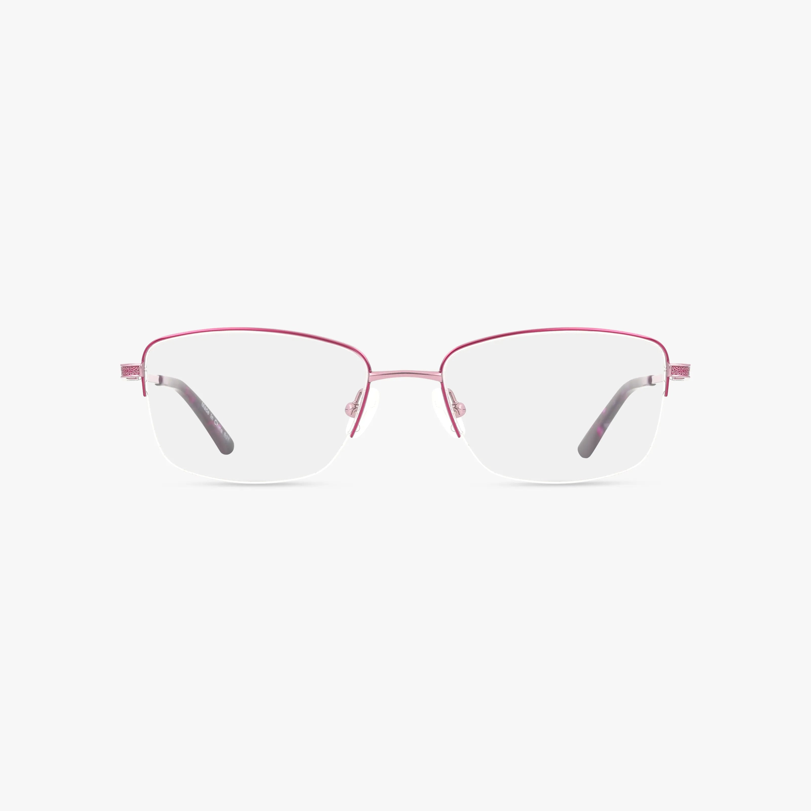 The 501 features rectangular eyeglasses with thin pink metal frames and black temple tips, blending classic style and modern design. Clear lenses are shown on a plain white background.