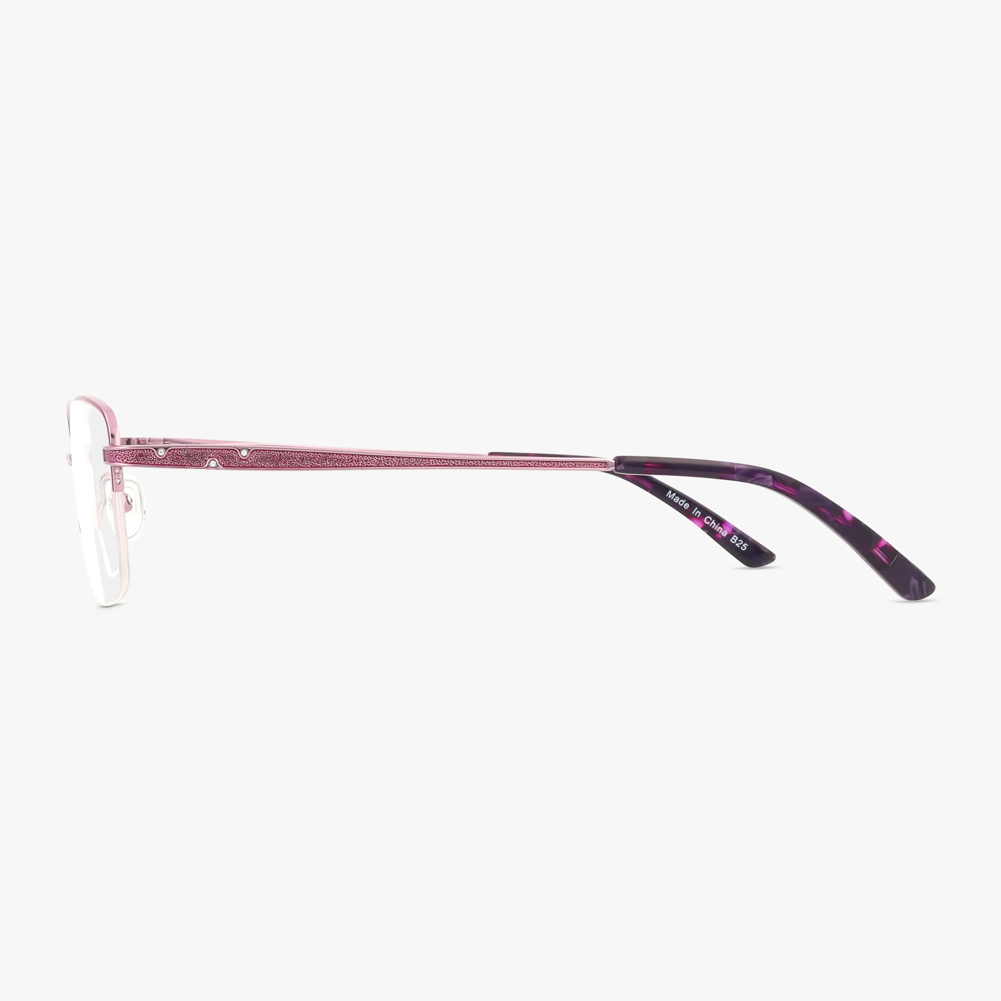 Side view of 501 eyeglasses featuring pink glittery metal arms and dark purple tortoiseshell-patterned tips, blending modern construction with a classic frame, shown against a plain white background.