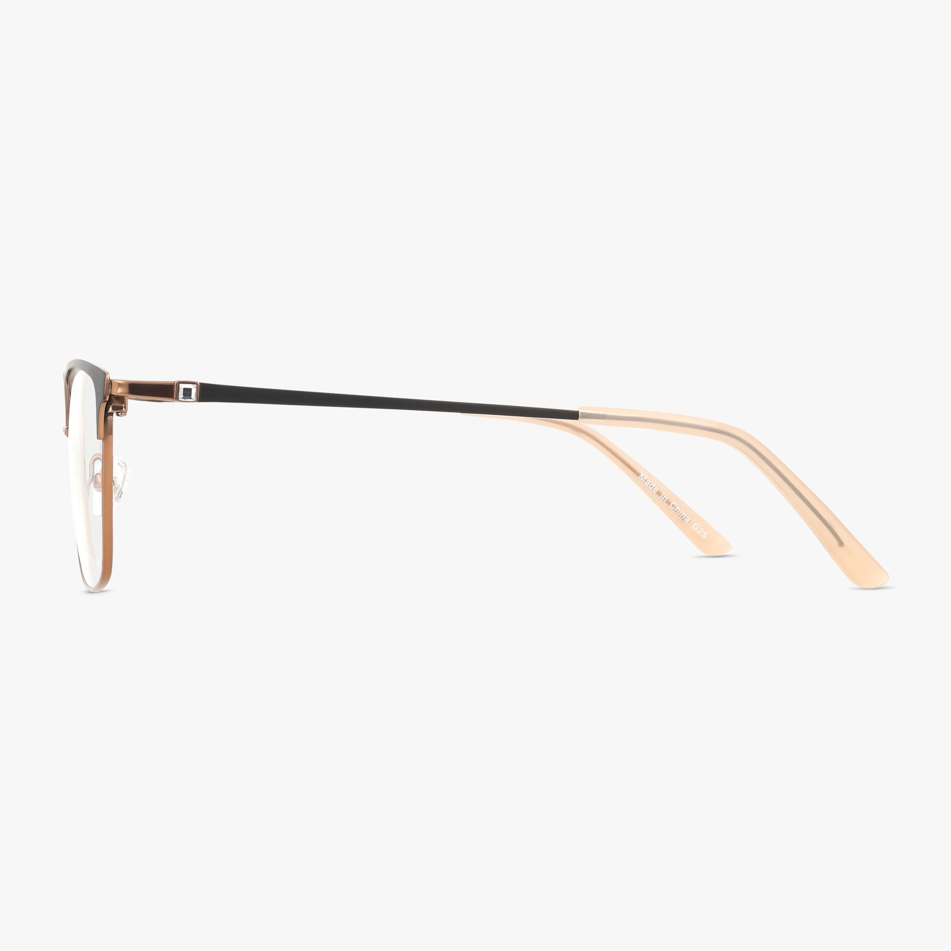 Side view of 503 eyeglasses with thin black temples, gold metal arms, clear nose pads, and a durable frame in a minimal, modern design—ideal for adaptable eyewear or progressive lenses on a white background.