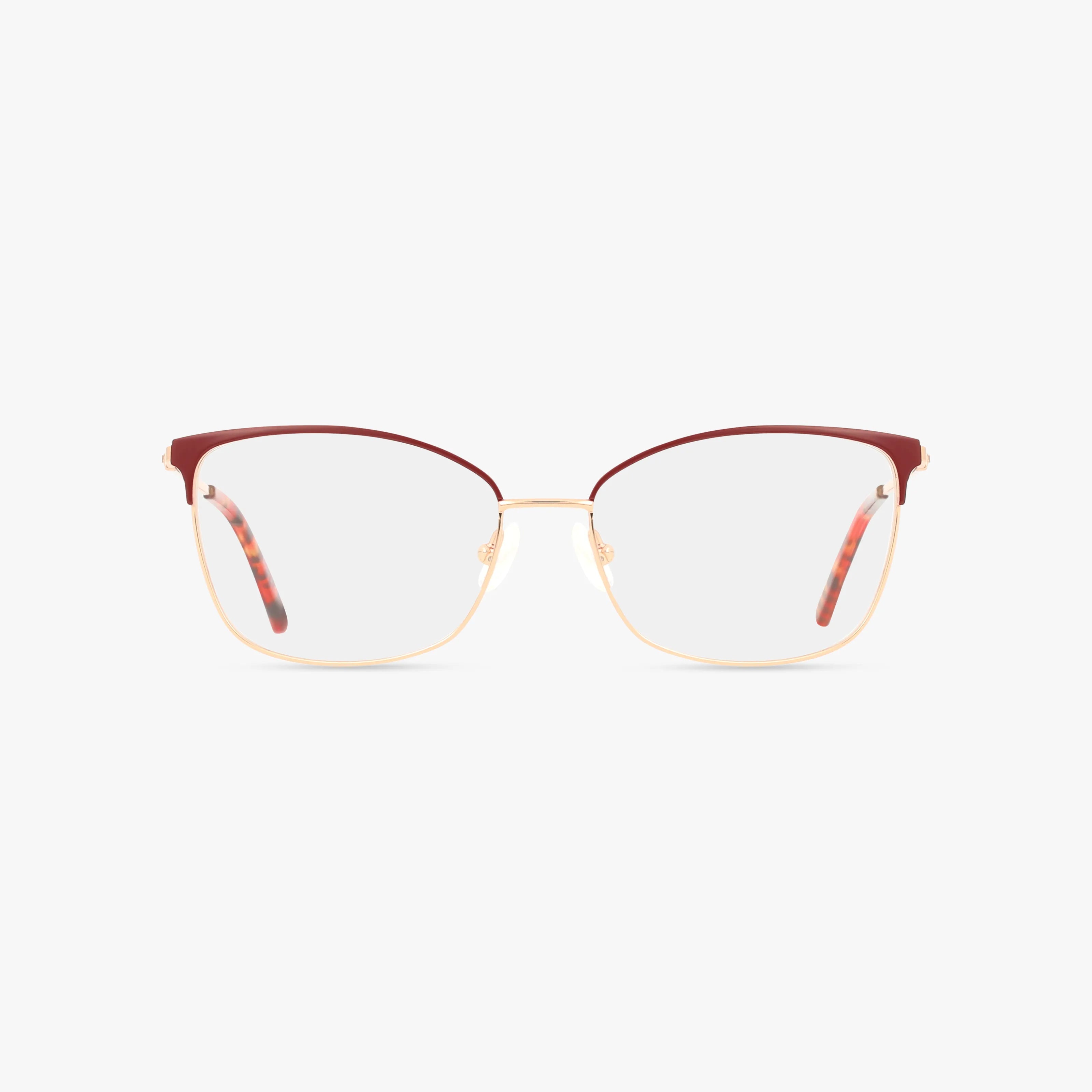 The 503 eyeglasses feature clear lenses, a gold-rimmed frame with a dark red upper edge, gold temples, and red-patterned tips—creating a stylishly versatile look against a plain white background.