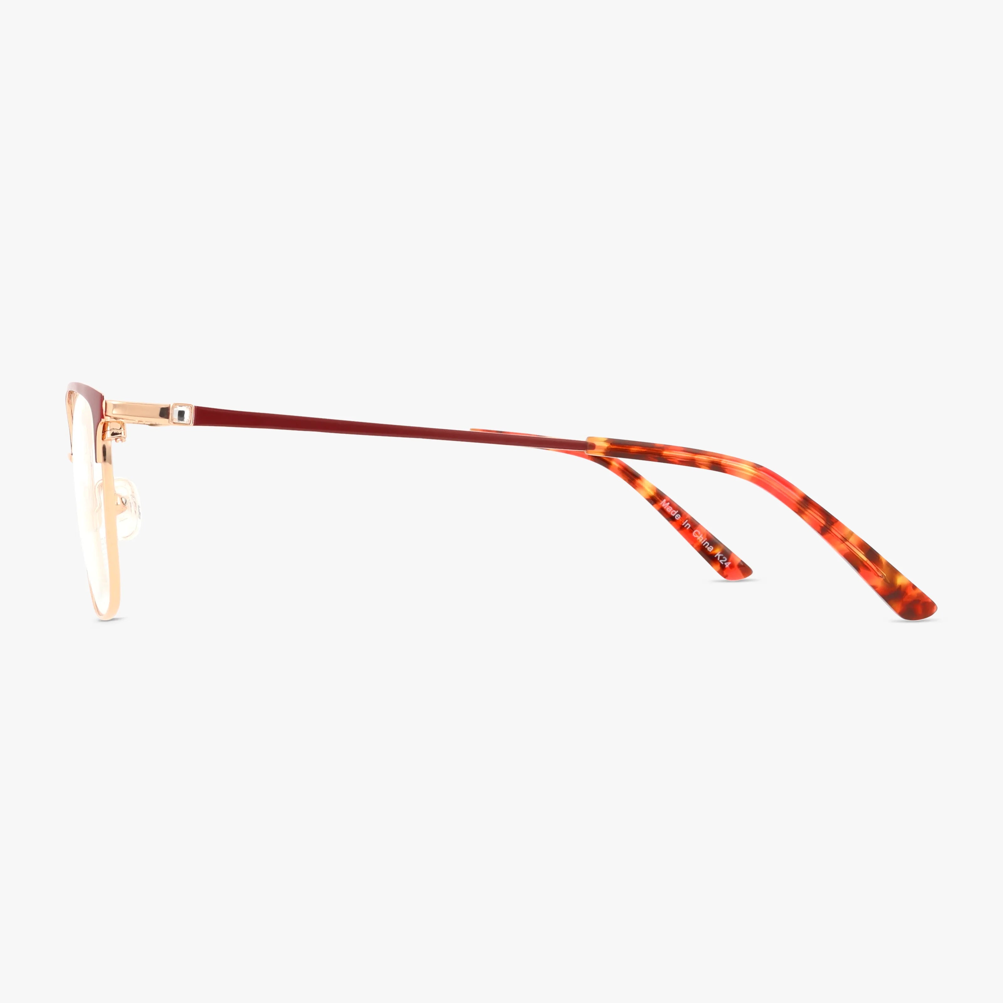 Side view of 503 adaptable eyewear with progressive lenses, thin gold metal frames, and arms that transition from red at the hinges to tortoiseshell tips, displayed on a plain white background.