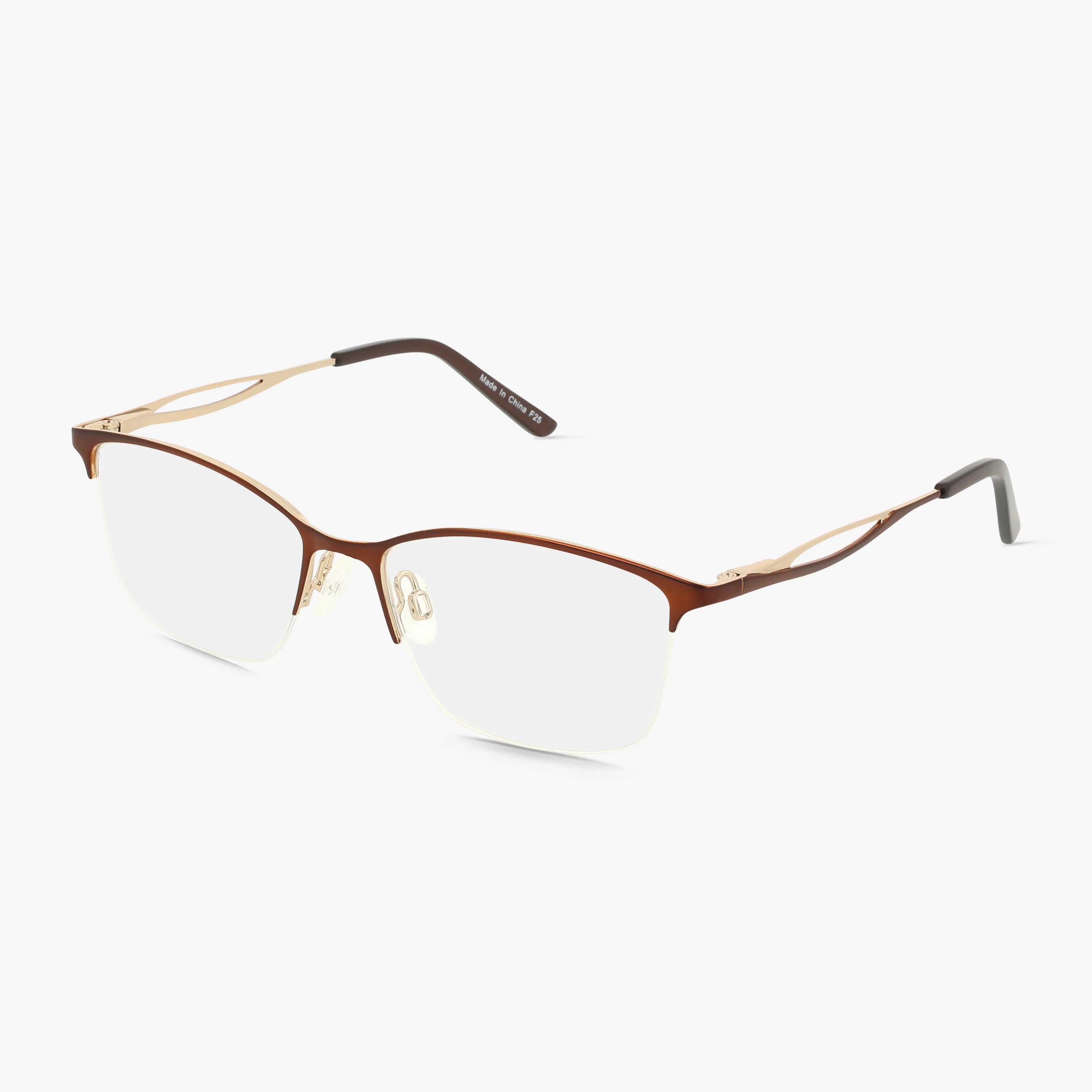 The 504 eyeglasses feature a semi-rimless, stylish thin brown metal frame with gold cut-out temples, clear nose pads, and black arm tips, shown on a white background.