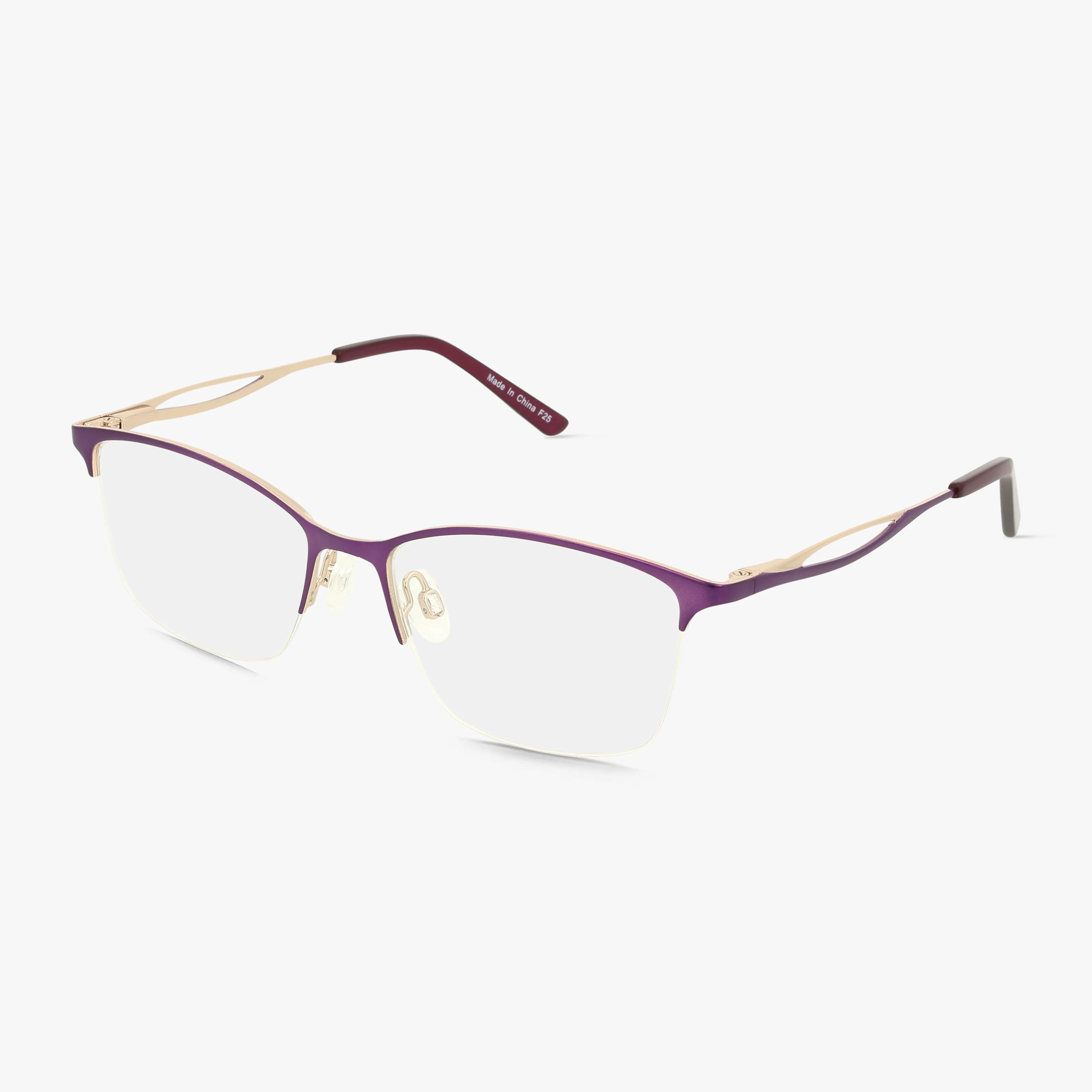 The 504 is a pair of semi-rimless eyeglasses with a stylish purple metal top frame, gold arms, and clear nose pads, shown against a white background.