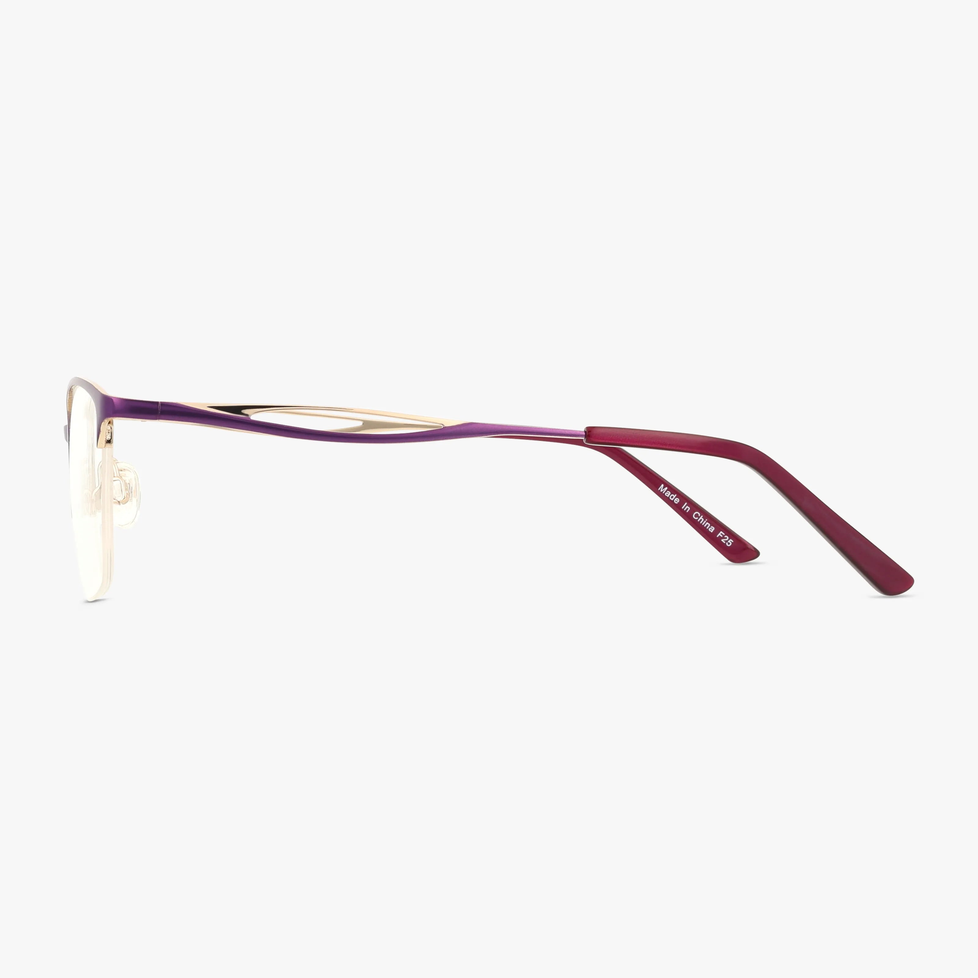 Side view of eyeglasses 504 featuring a stylish frame with classic lines, thin gold accents, twisted purple and gold temples, and maroon temple tips, set against a plain white background.