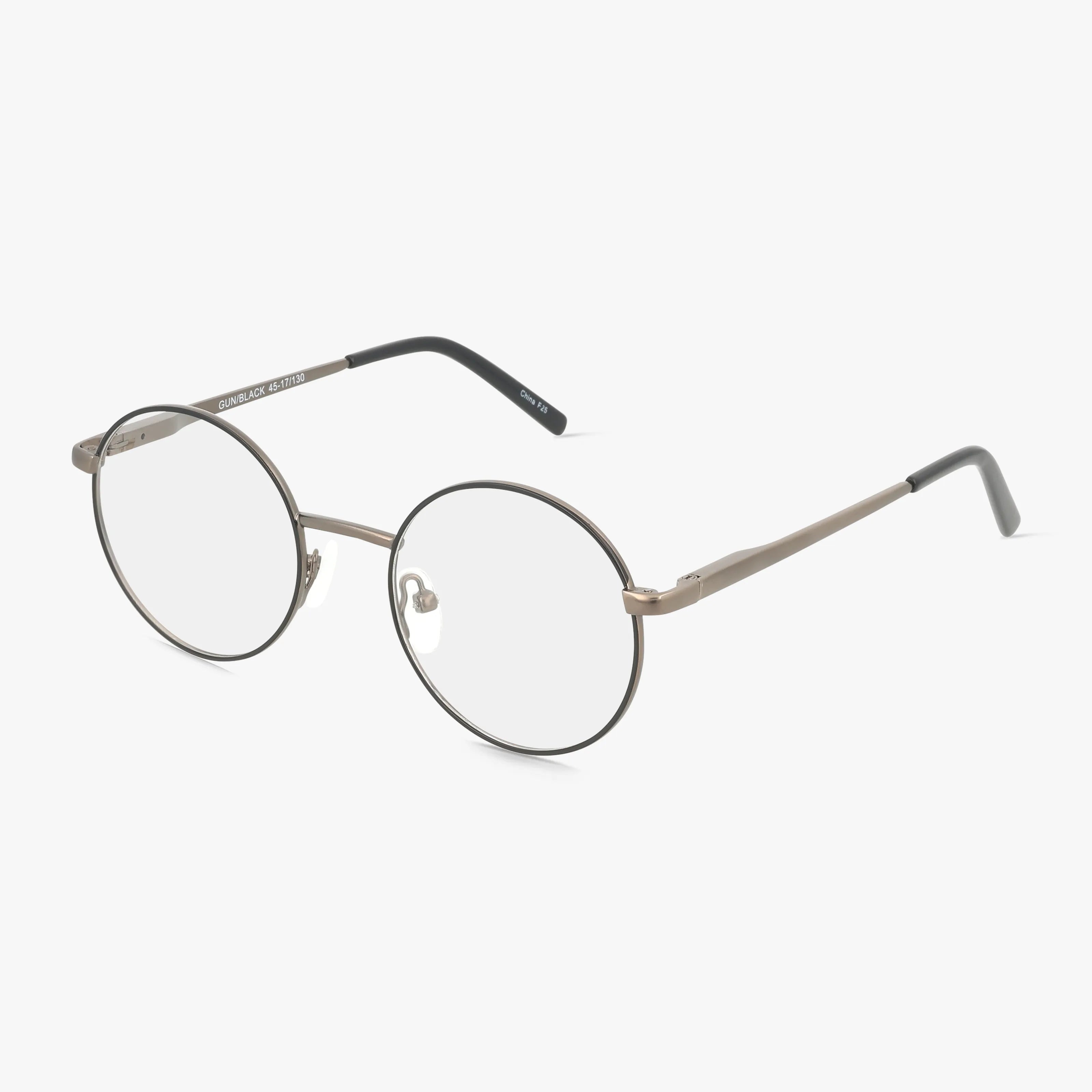 247 features round, thin metal eyeglass frames with clear lenses, slim temples, adjustable nose pads, and black tips on the arms—designed to help you stand out. Displayed on a white background.