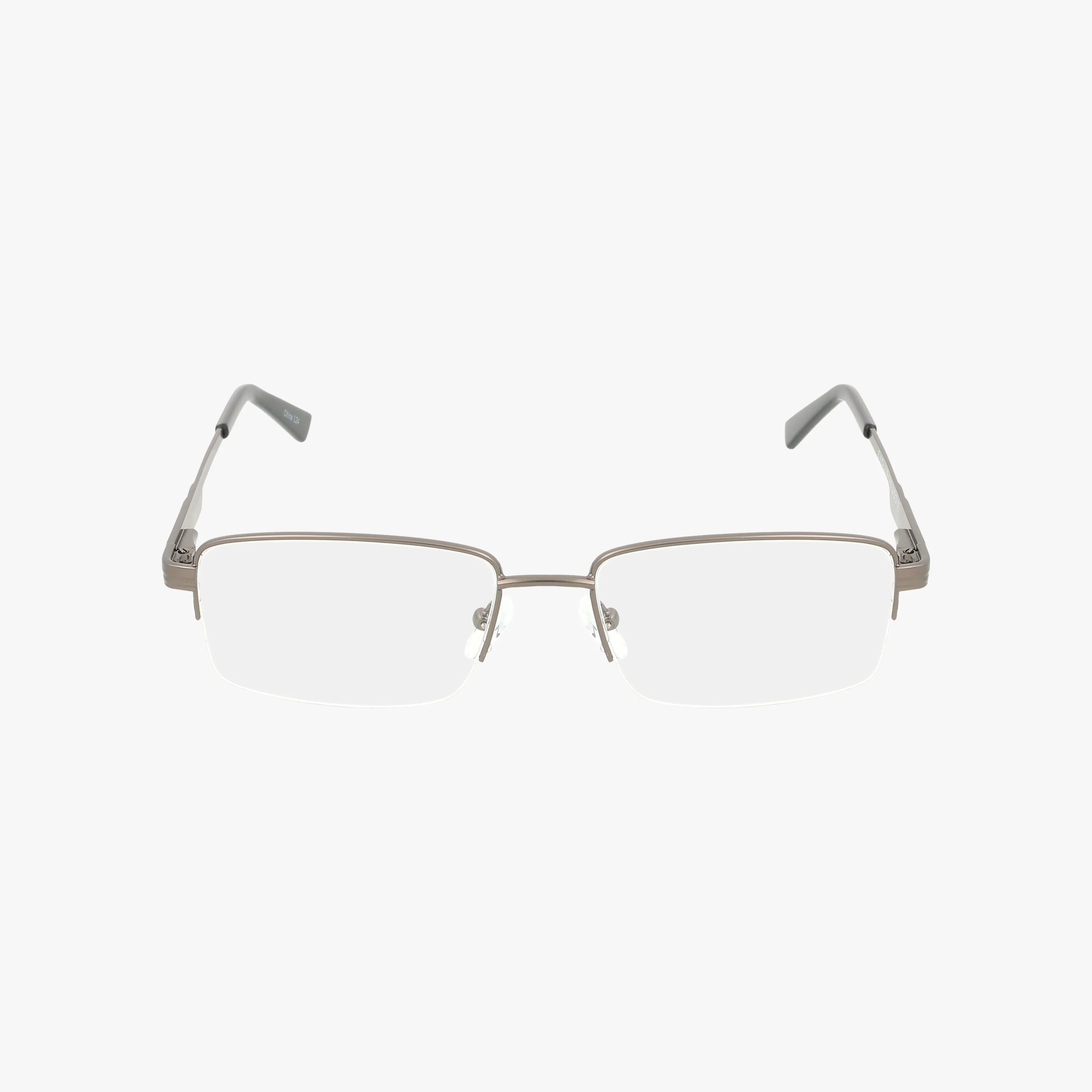 The 253 is a pair of rectangular rimless eyeglasses with thin metal arms and clear nose pads, offering a comfortable, tailored fit. Displayed on a white background.