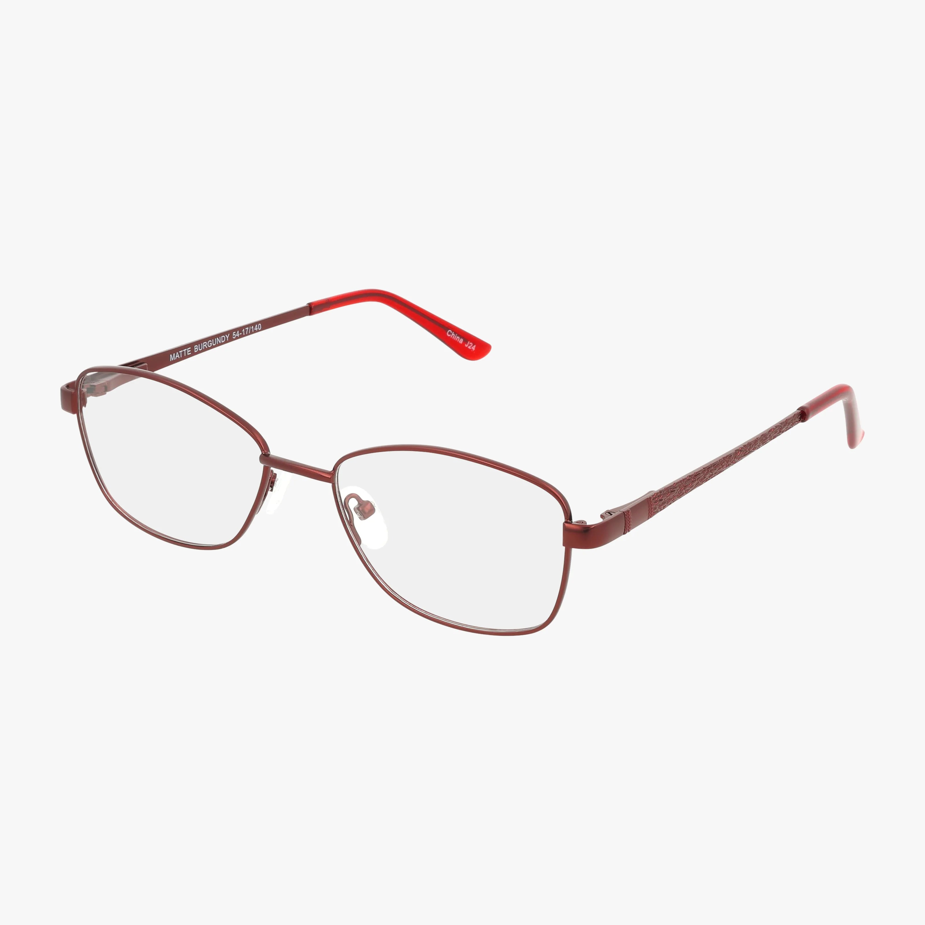 The 256 eyeglasses feature brown metal rectangular frames with red temple tips and a lightweight design for comfortable daily wear, shown on a white background.