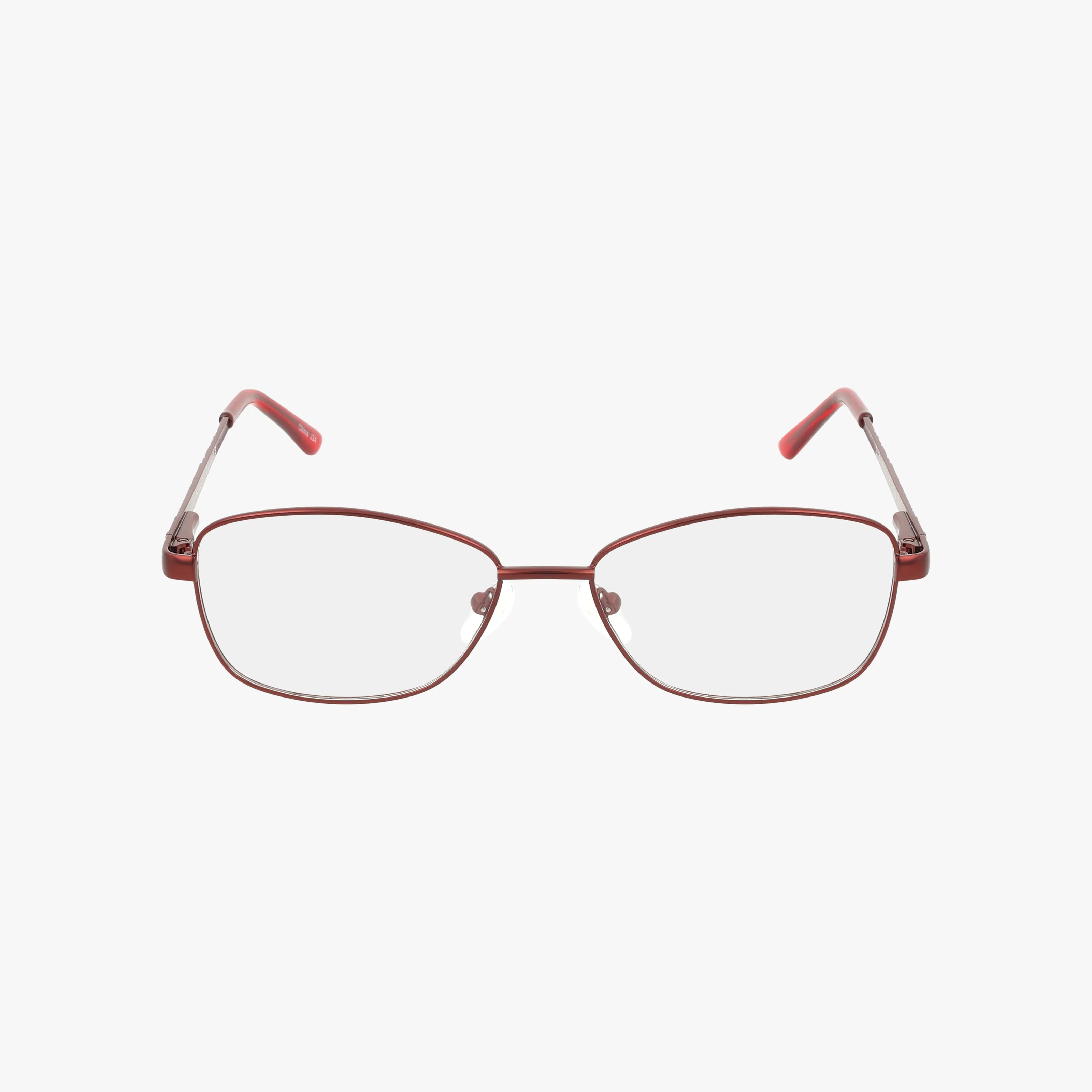 256: Rectangular eyeglasses with a lightweight, thin red metal frame and clear lenses, shown from the front on a plain white background—perfect for daily wear.