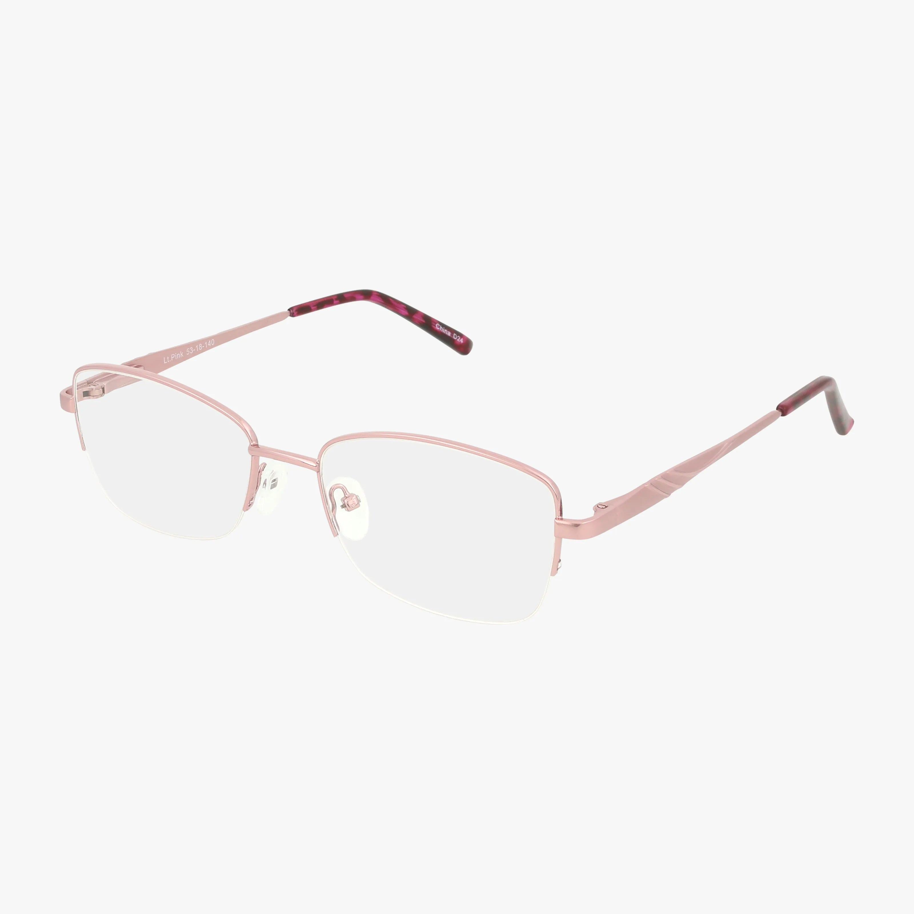 The 257 eyeglasses feature a thin, light pink rectangular metal frame with clear lenses. Subtle patterned temples and darker marbled tips add flair. Also available with versatile Transitions lenses.