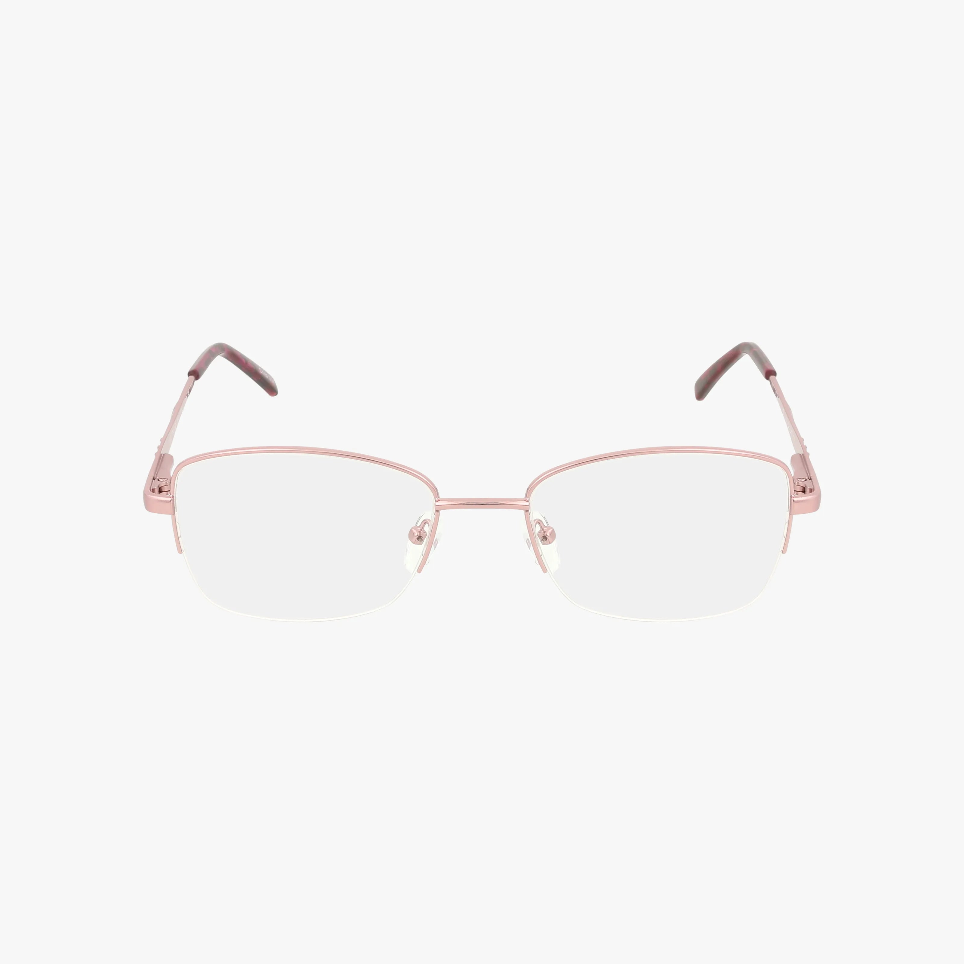 The 257 is a pair of rectangular, semi-rimless eyeglasses with thin light pink metal frames and dark temple tips, featuring modern style and Transitions lens compatibility, shown on a plain white background.
