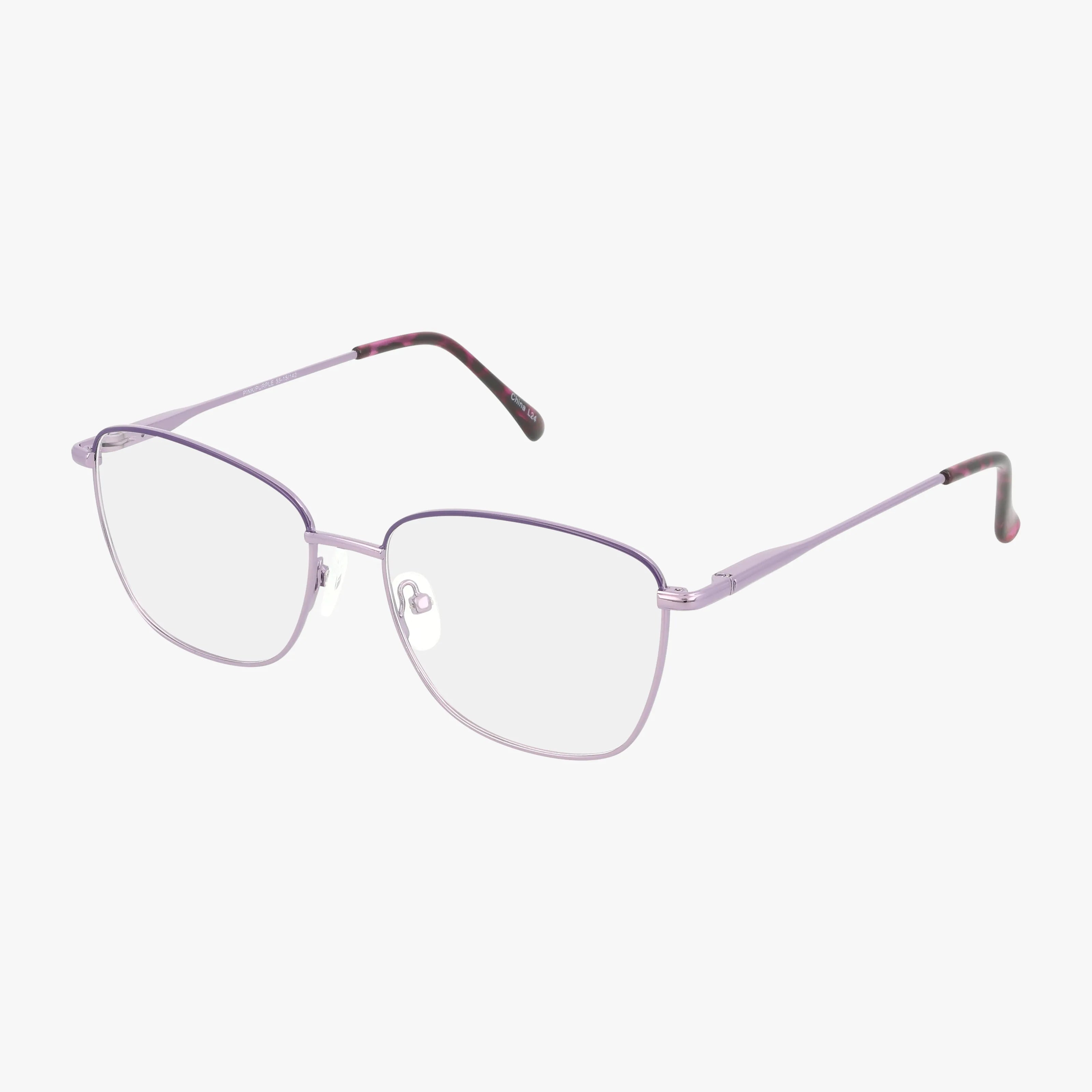 The 259 eyeglasses feature progressive, clear lenses, thin light purple metal frames, and black-tipped temple arms for a sleek look, shown on a white background.