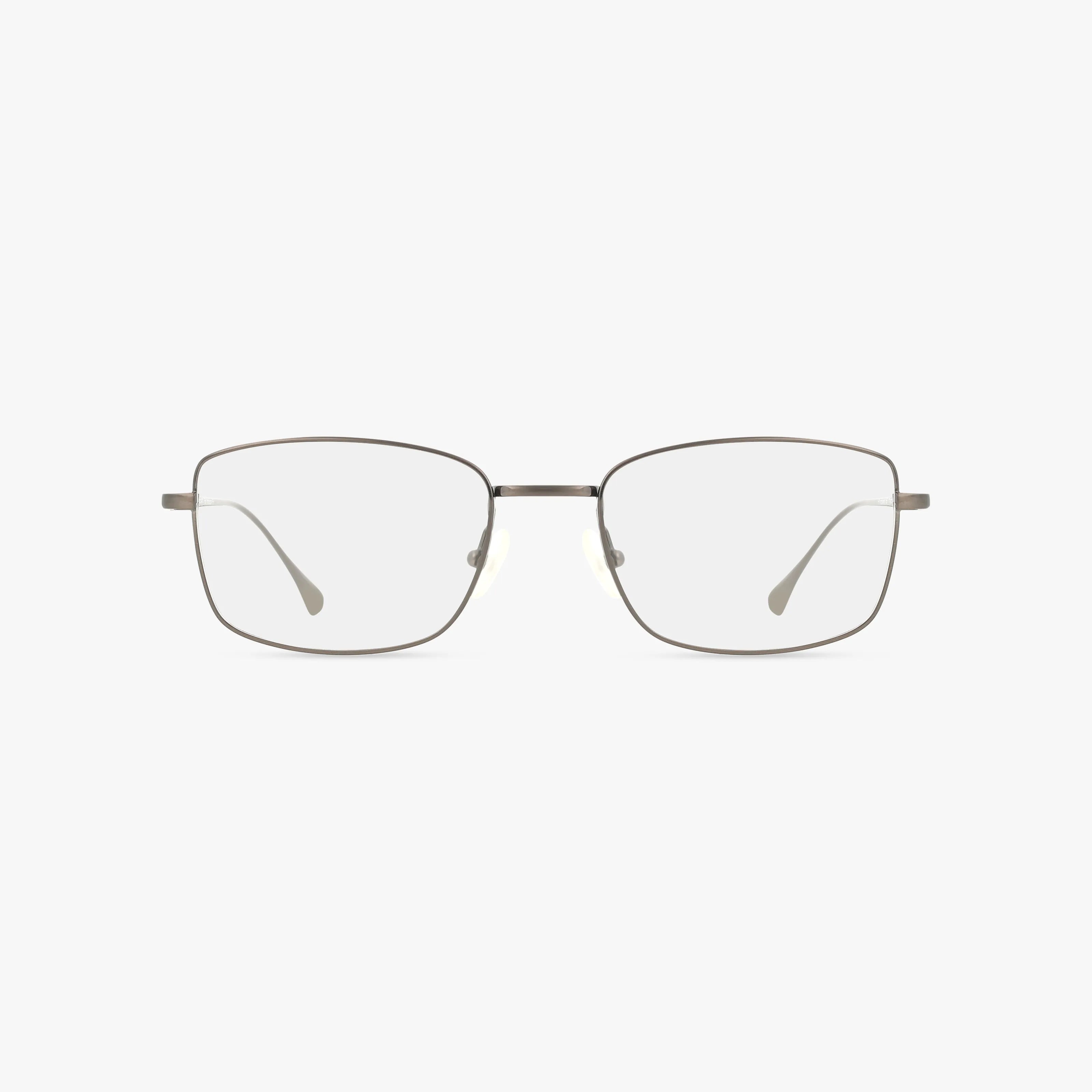 The 161 eyeglasses feature a rectangular shape with thin silver metal frames and clear lenses, offering a distinct style and functional design against a plain white background.