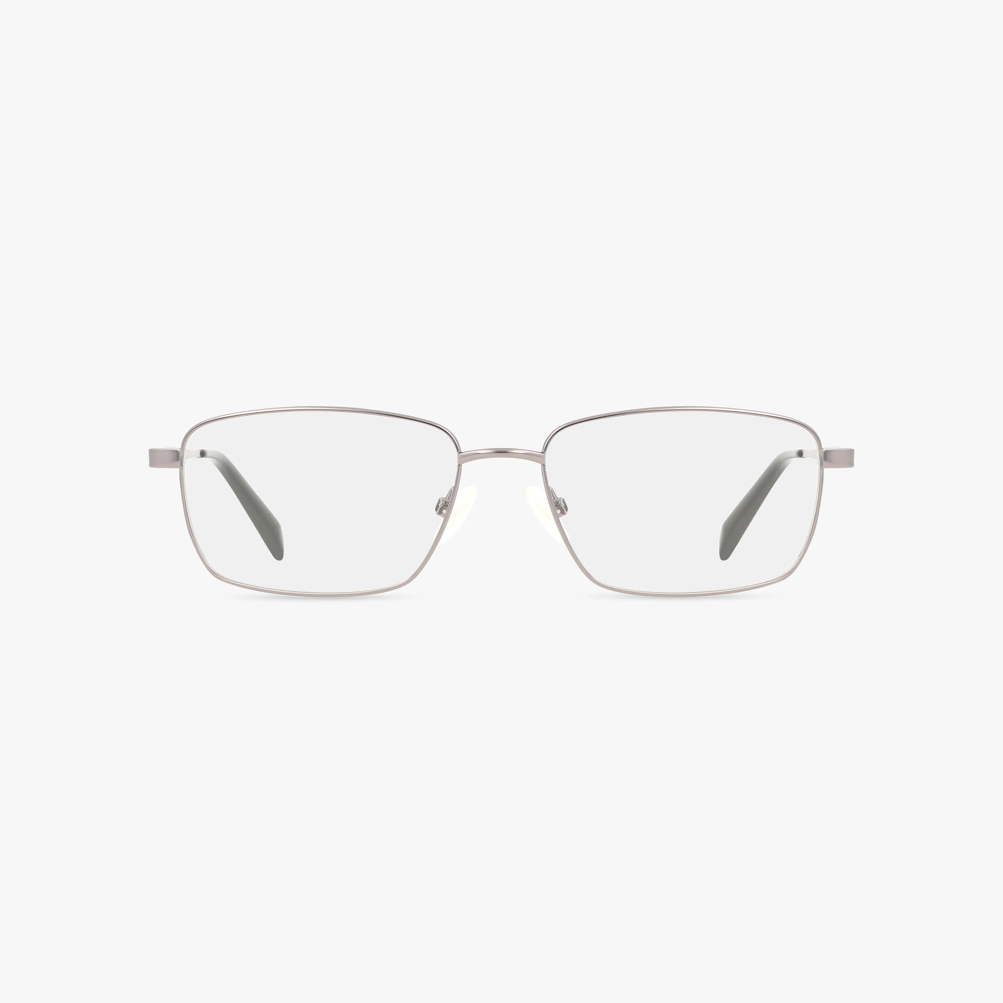 The 163 eyeglasses feature a rectangular, silver metal frame with clear lenses and thin, durable construction, shown facing forward on a plain white background.